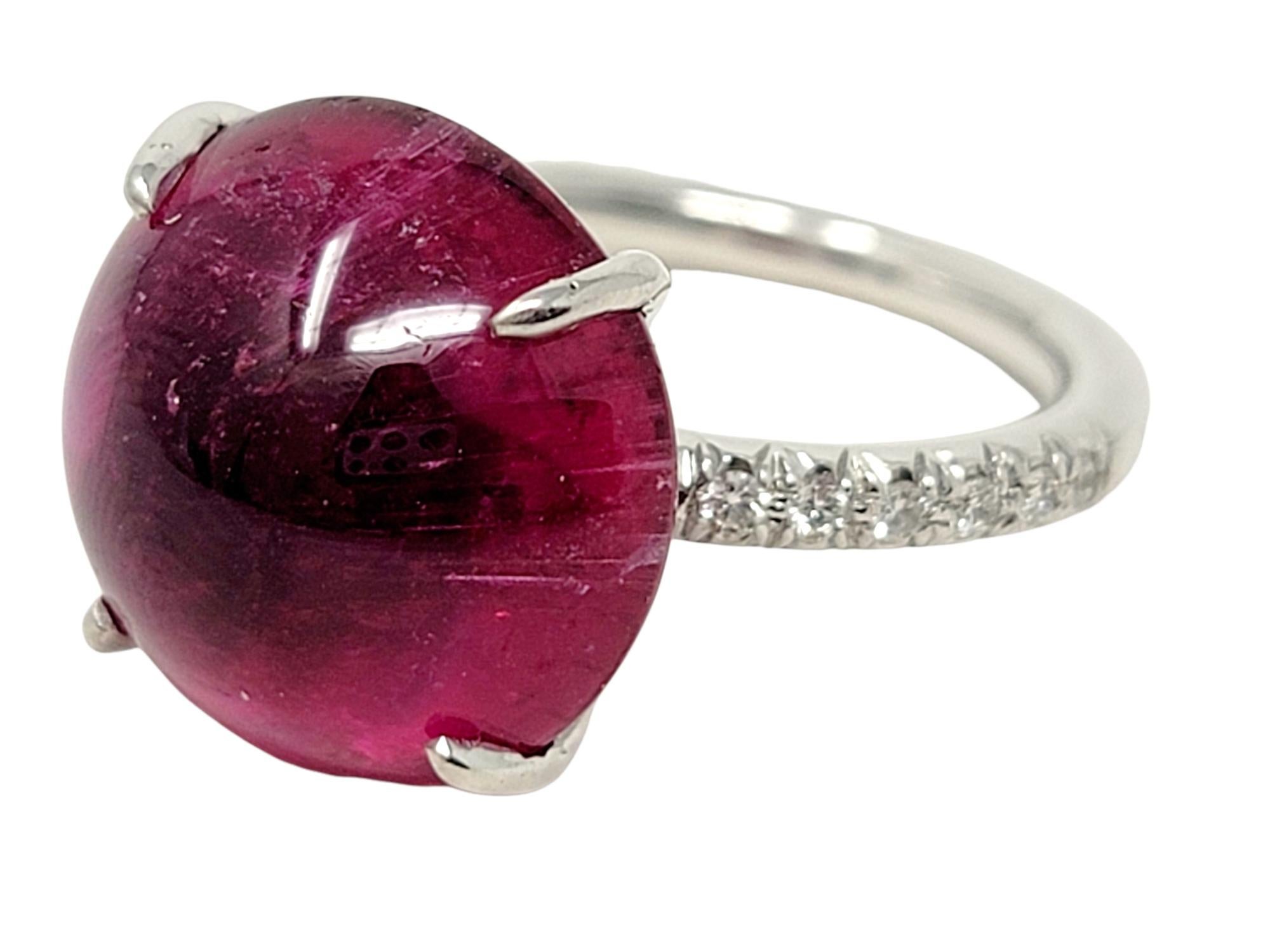Women's Cabochon Rubelite Solitaire 18 Karat White Gold Cocktail Ring with Pave Diamond For Sale