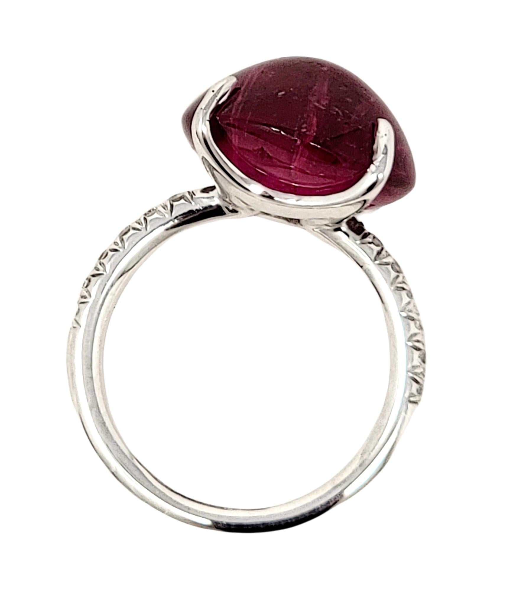 Cabochon Rubelite Solitaire 18 Karat White Gold Cocktail Ring with Pave Diamond For Sale 1