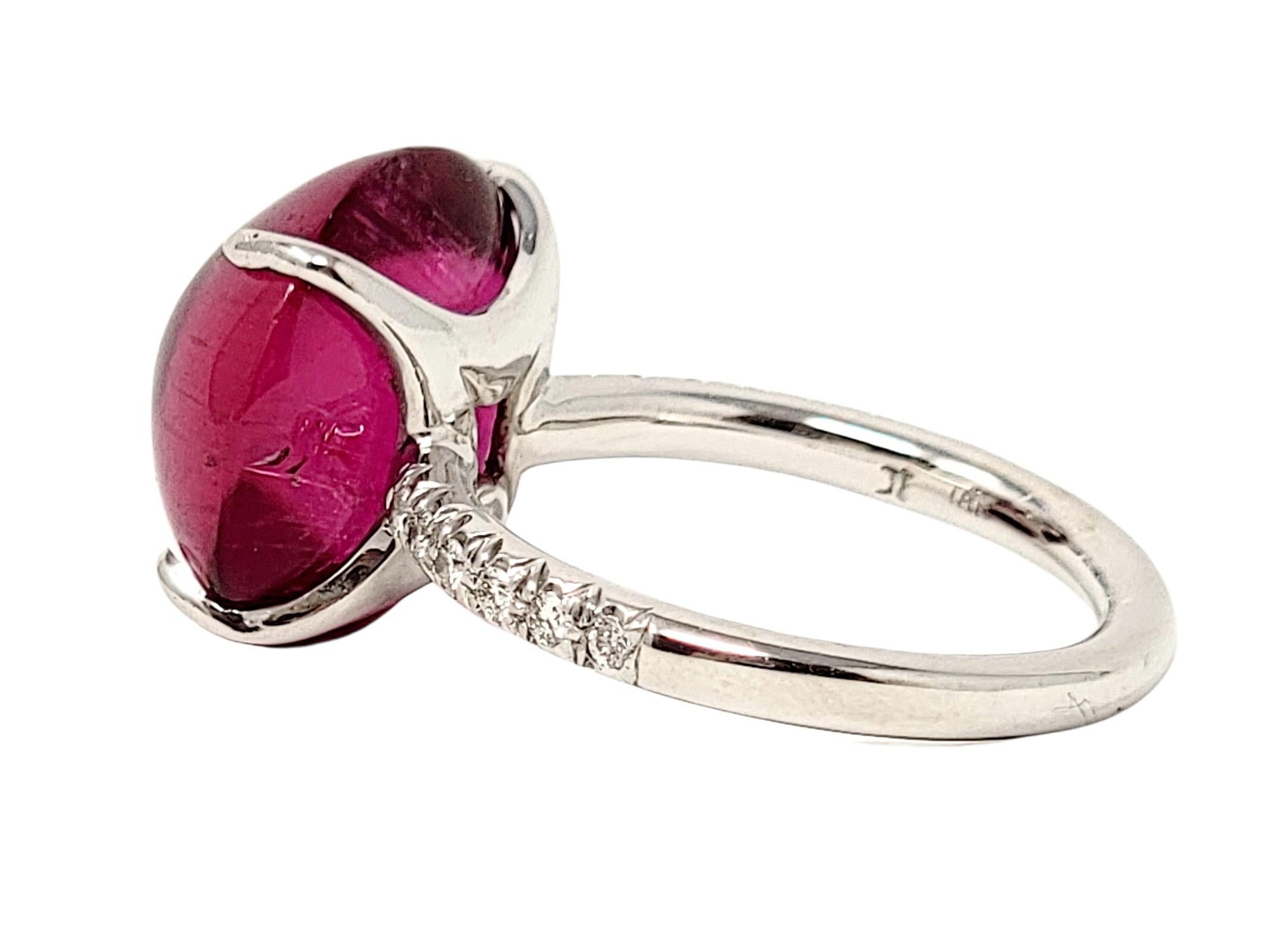 Cabochon Rubelite Solitaire 18 Karat White Gold Cocktail Ring with Pave Diamond For Sale 2