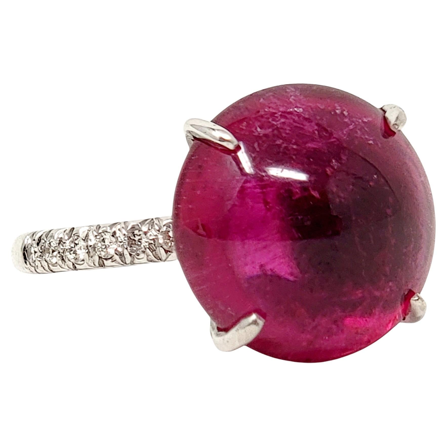 Cabochon Rubelite Solitaire 18 Karat White Gold Cocktail Ring with Pave Diamond For Sale