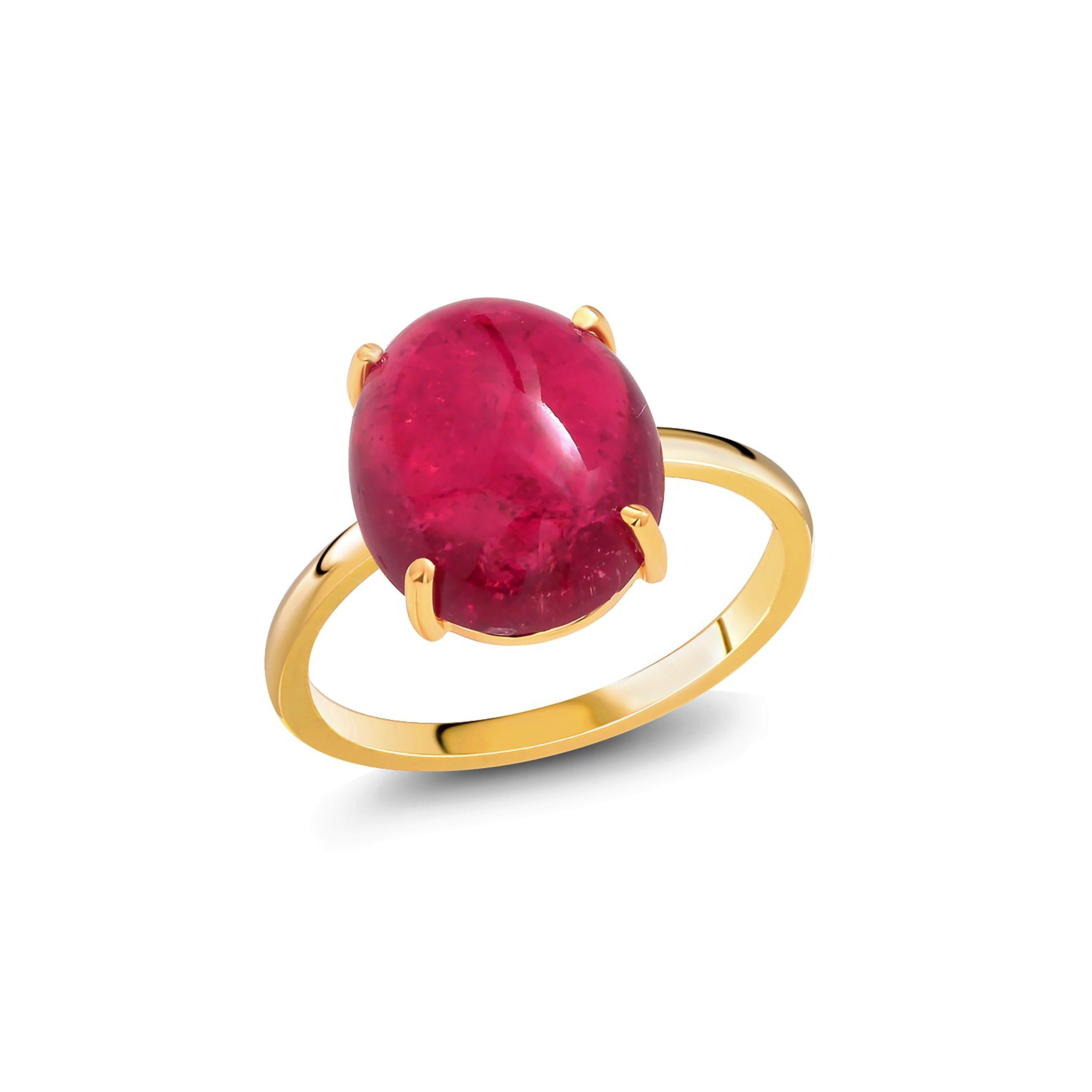 Contemporary Cabochon Rubellite Bezel Raised Dome Yellow Gold Cocktail Ring