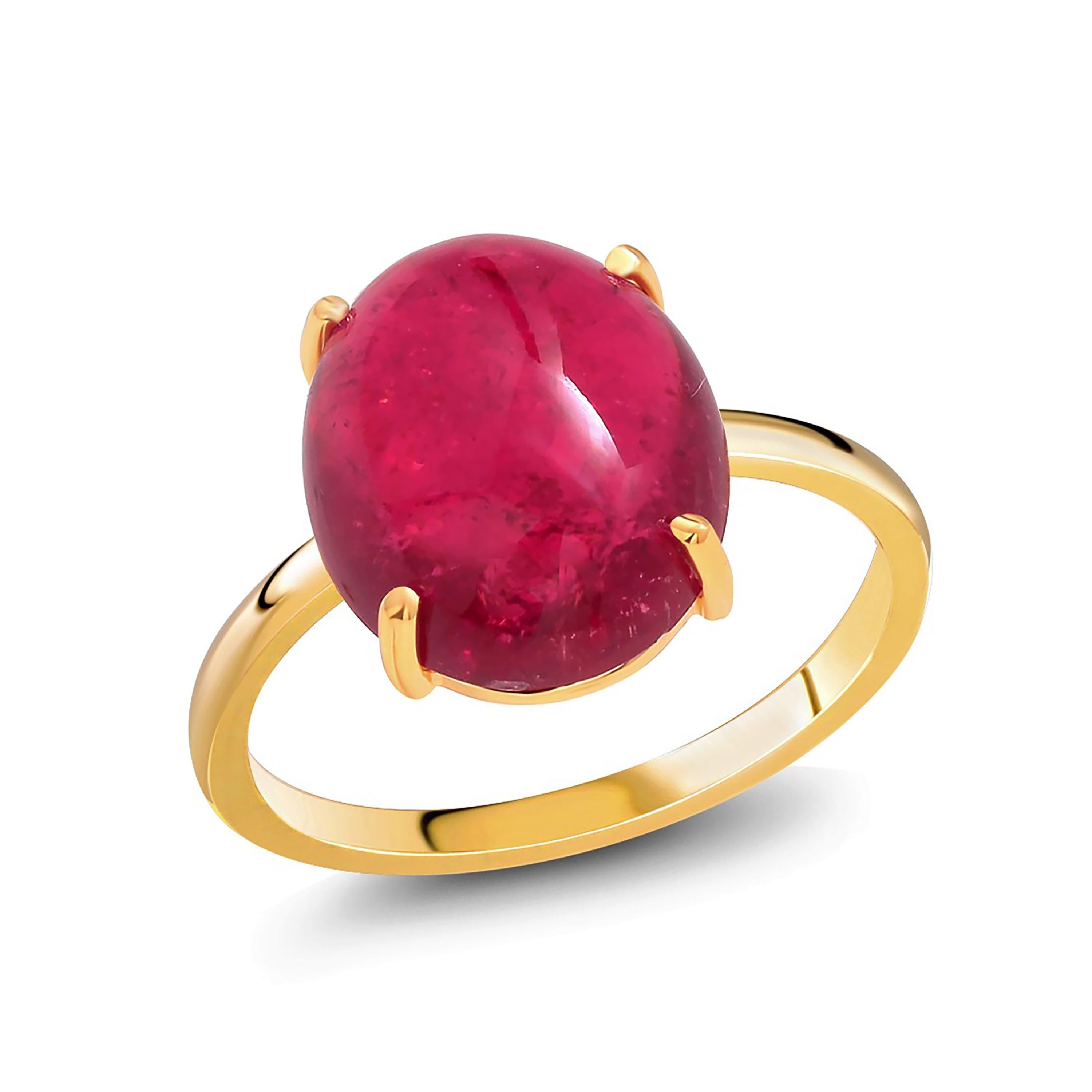 Cabochon Rubellite Bezel Raised Dome Yellow Gold Cocktail Ring In New Condition In New York, NY
