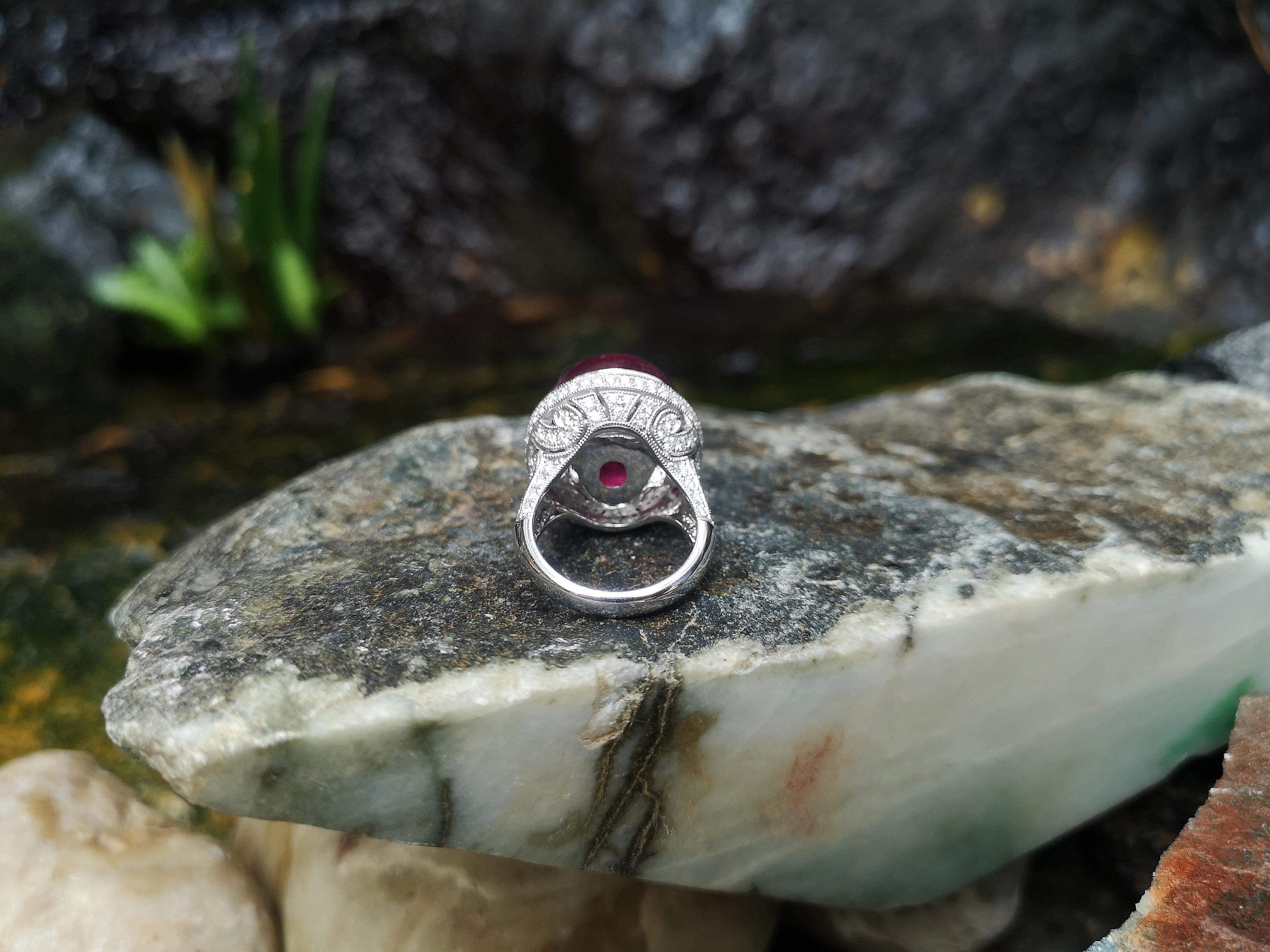 Cabochon Rubellite with Diamond Ring set in 18 Karat White Gold Settings For Sale 4
