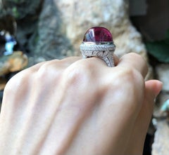 Cabochon Rubellite with Diamond Ring set in 18 Karat White Gold Settings