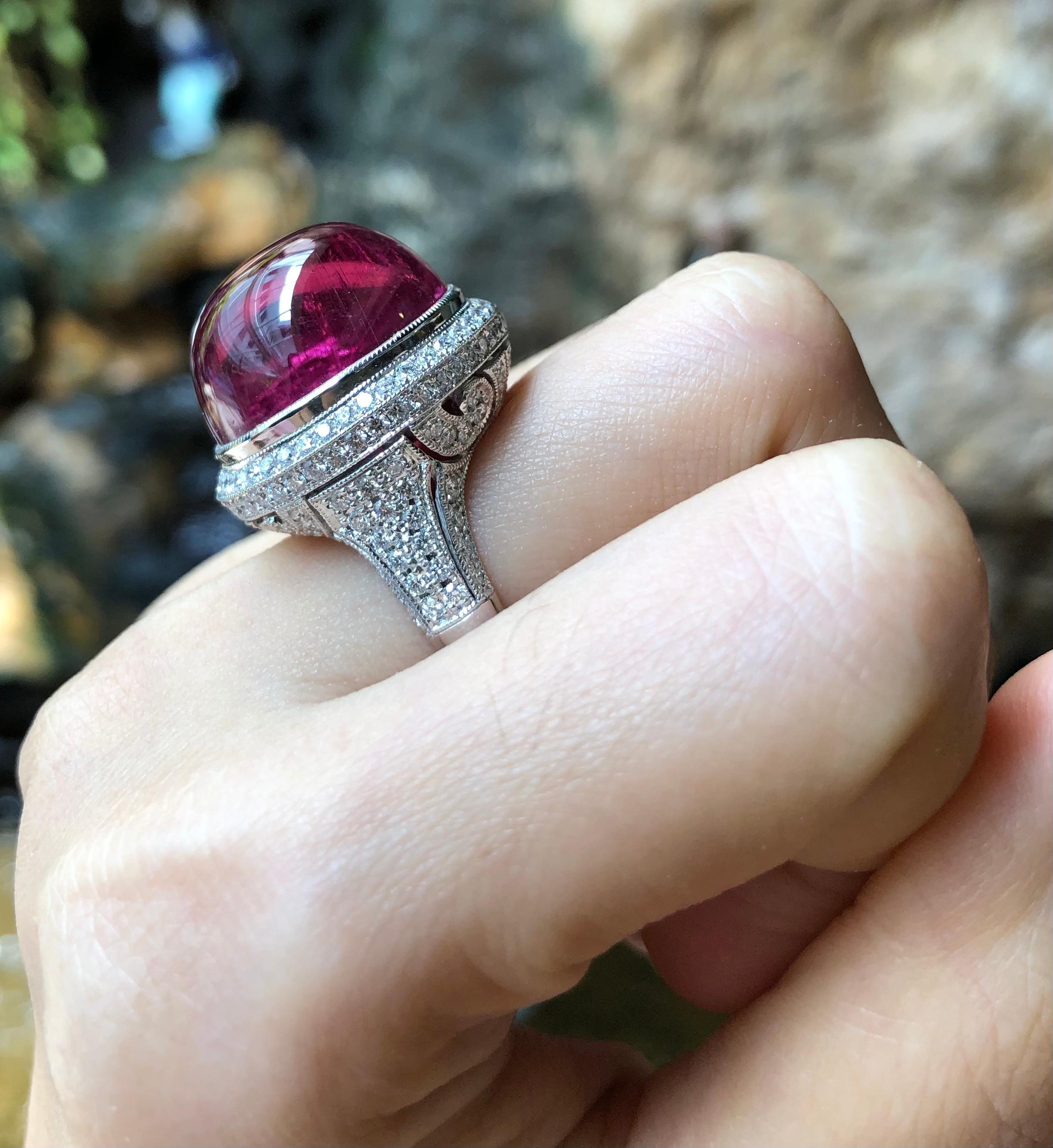 Cabochon Rubellite with Diamond Ring set in 18 Karat White Gold Settings In New Condition For Sale In Bangkok, TH