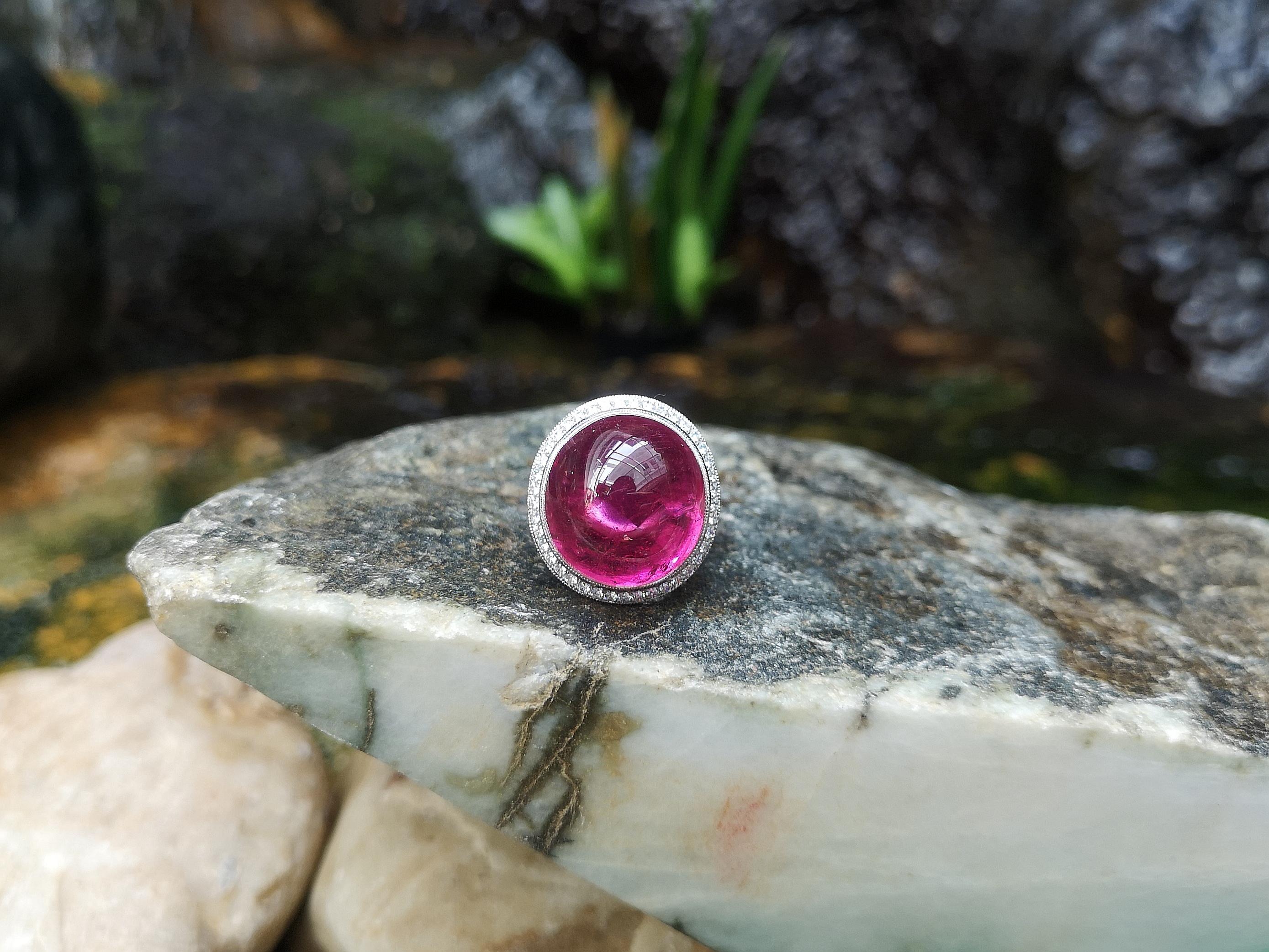 Cabochon Rubellite with Diamond Ring set in 18 Karat White Gold Settings For Sale 2