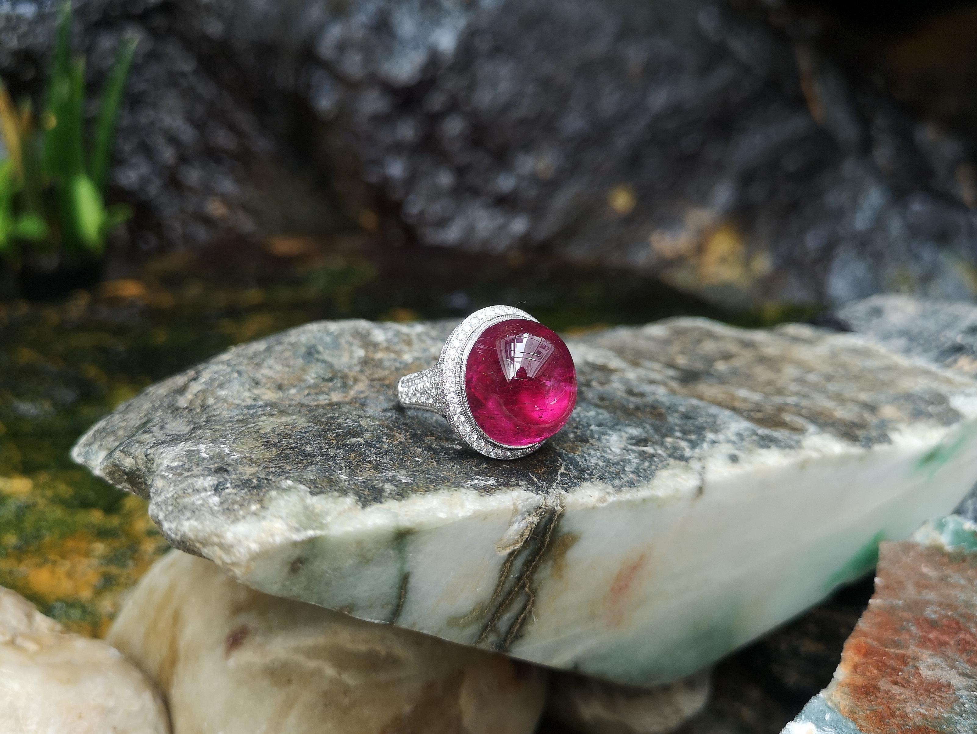 Cabochon Rubellite with Diamond Ring set in 18 Karat White Gold Settings For Sale 3