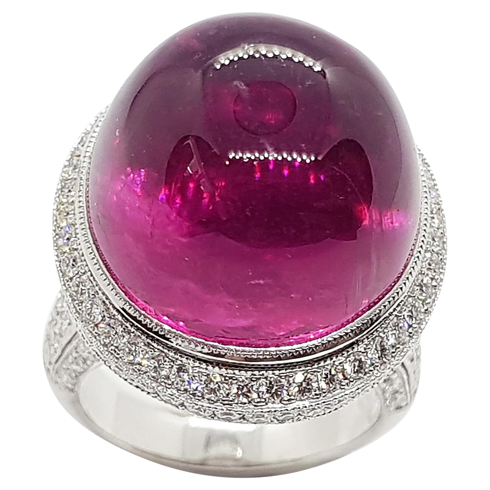 Cabochon Rubellite with Diamond Ring set in 18 Karat White Gold Settings