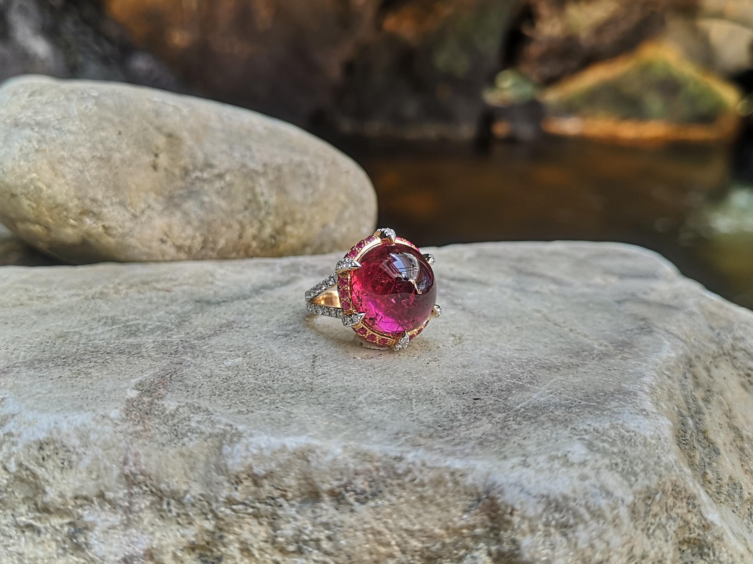Cabochon Rubellite with Pink Sapphire and Diamond Ring in 18 Karat Rose Gold For Sale 3