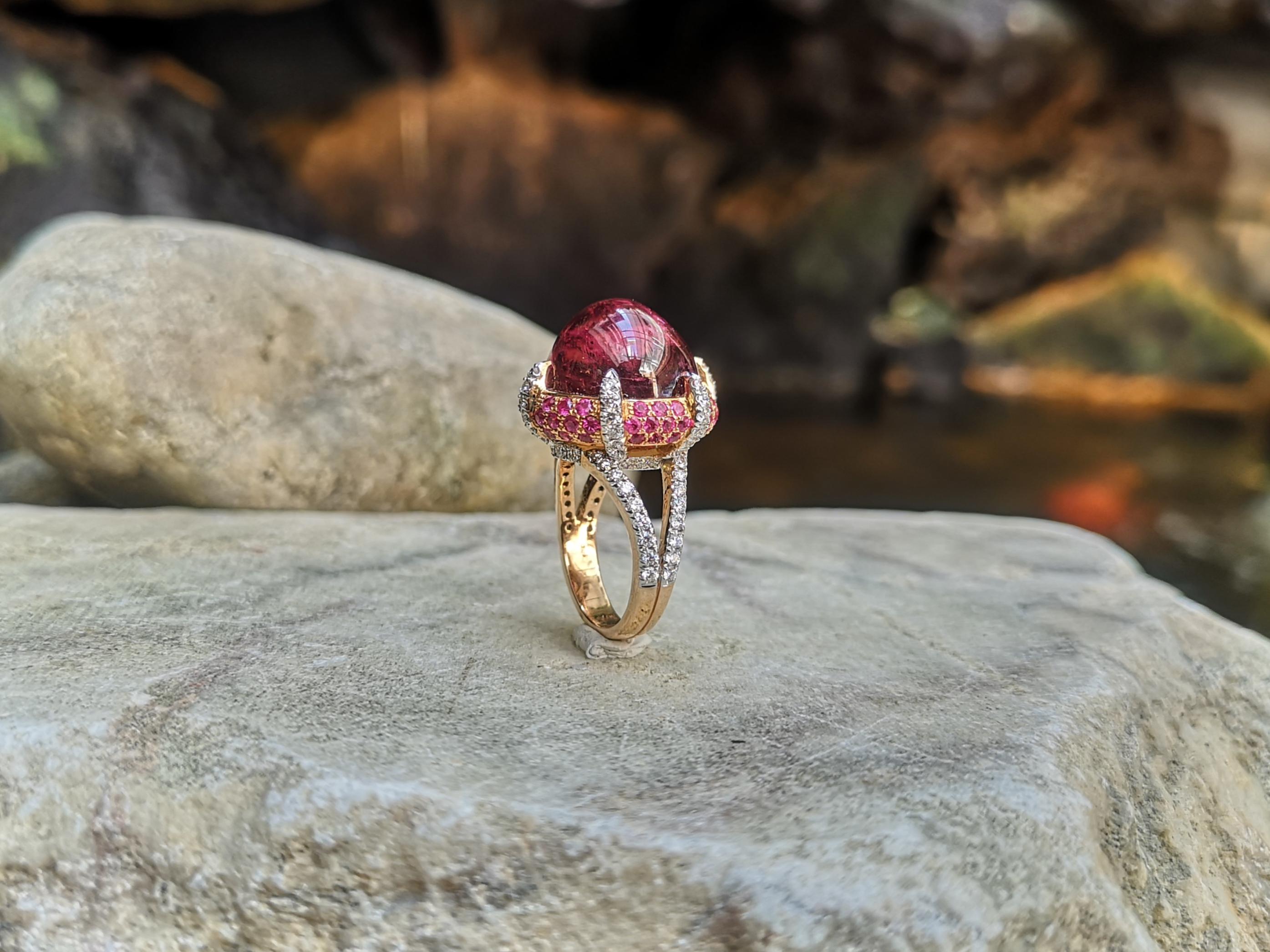 Cabochon Rubellite with Pink Sapphire and Diamond Ring in 18 Karat Rose Gold For Sale 7