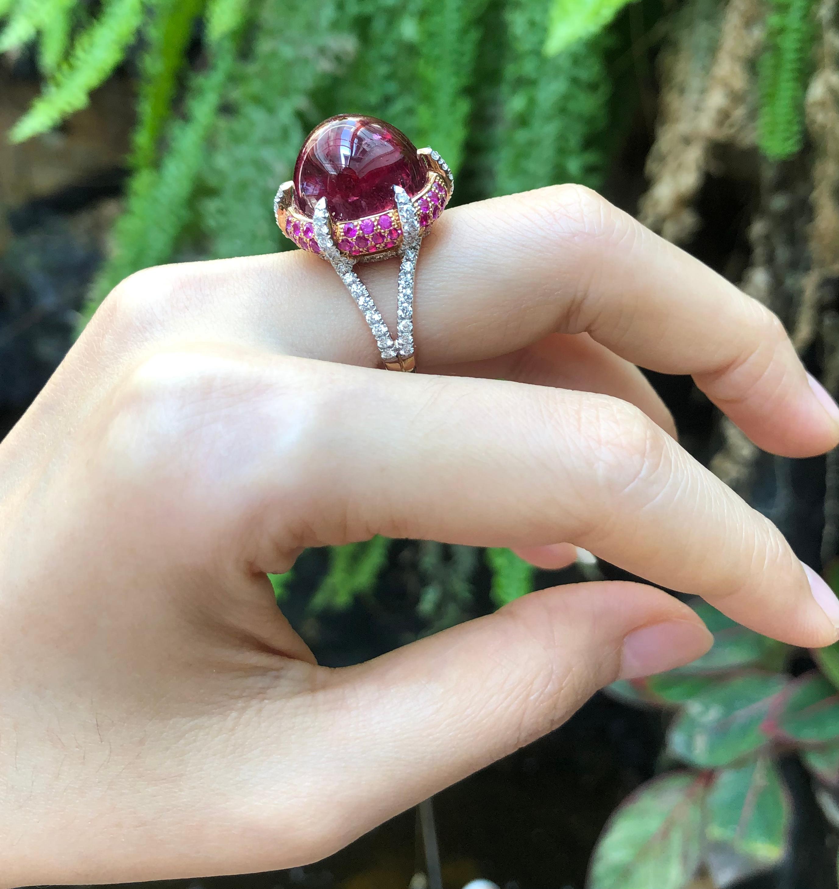 Cabochon Rubellite 23.46 carats with Pink Sapphire 1.35 carats and Diamond 0.96 carat Ring set in 18 Karat Rose Gold Settings

Width:  1.7 cm 
Length: 1.7 cm
Ring Size: 53
Total Weight: 15.21 grams

