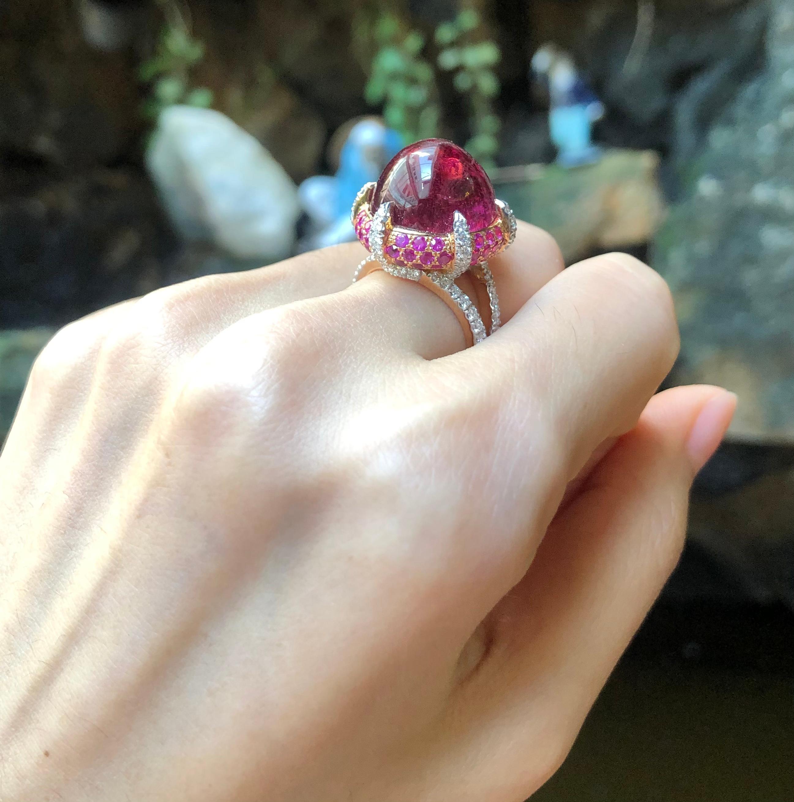 Contemporary Cabochon Rubellite with Pink Sapphire and Diamond Ring in 18 Karat Rose Gold For Sale