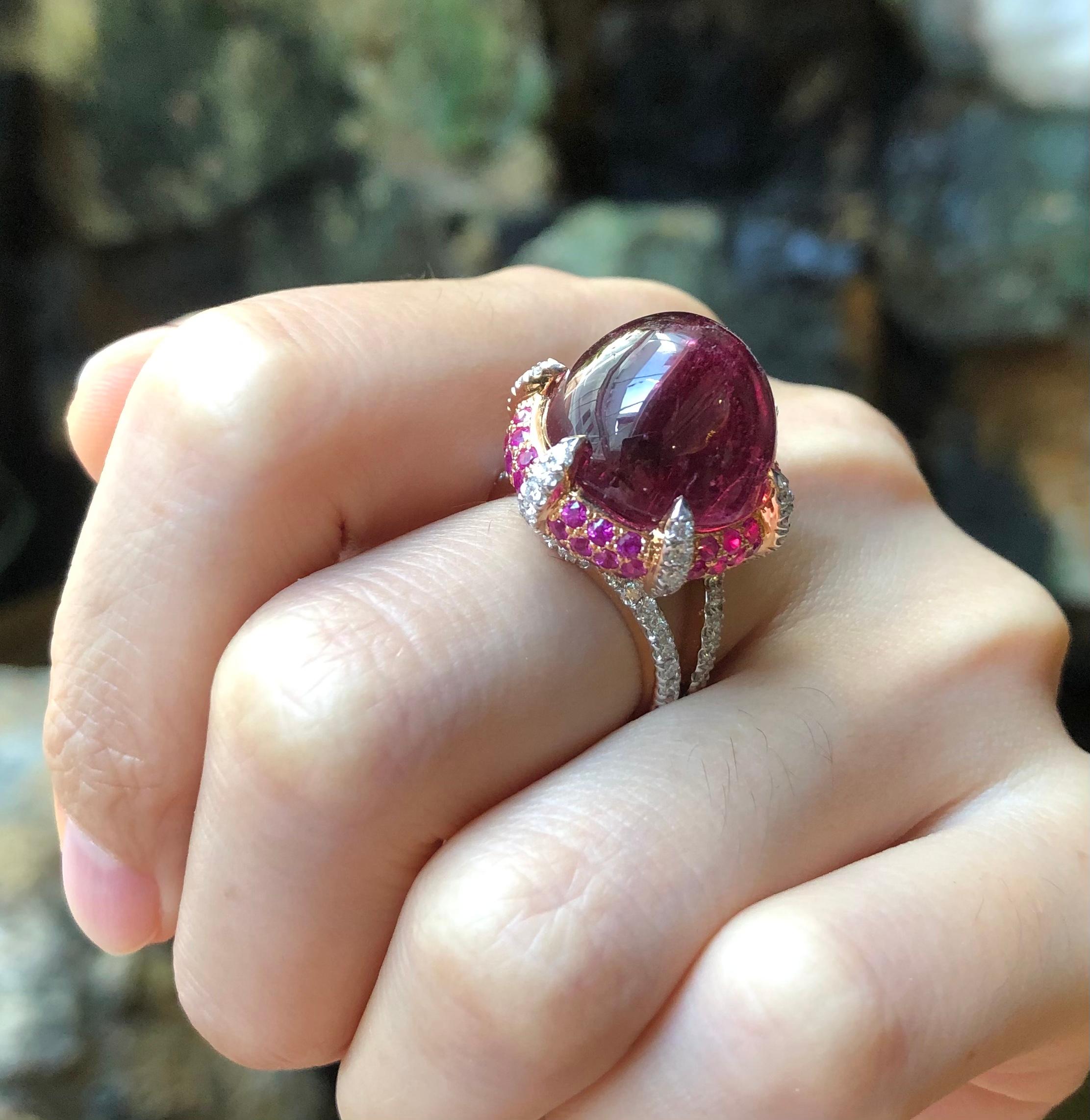 Women's Cabochon Rubellite with Pink Sapphire and Diamond Ring in 18 Karat Rose Gold For Sale