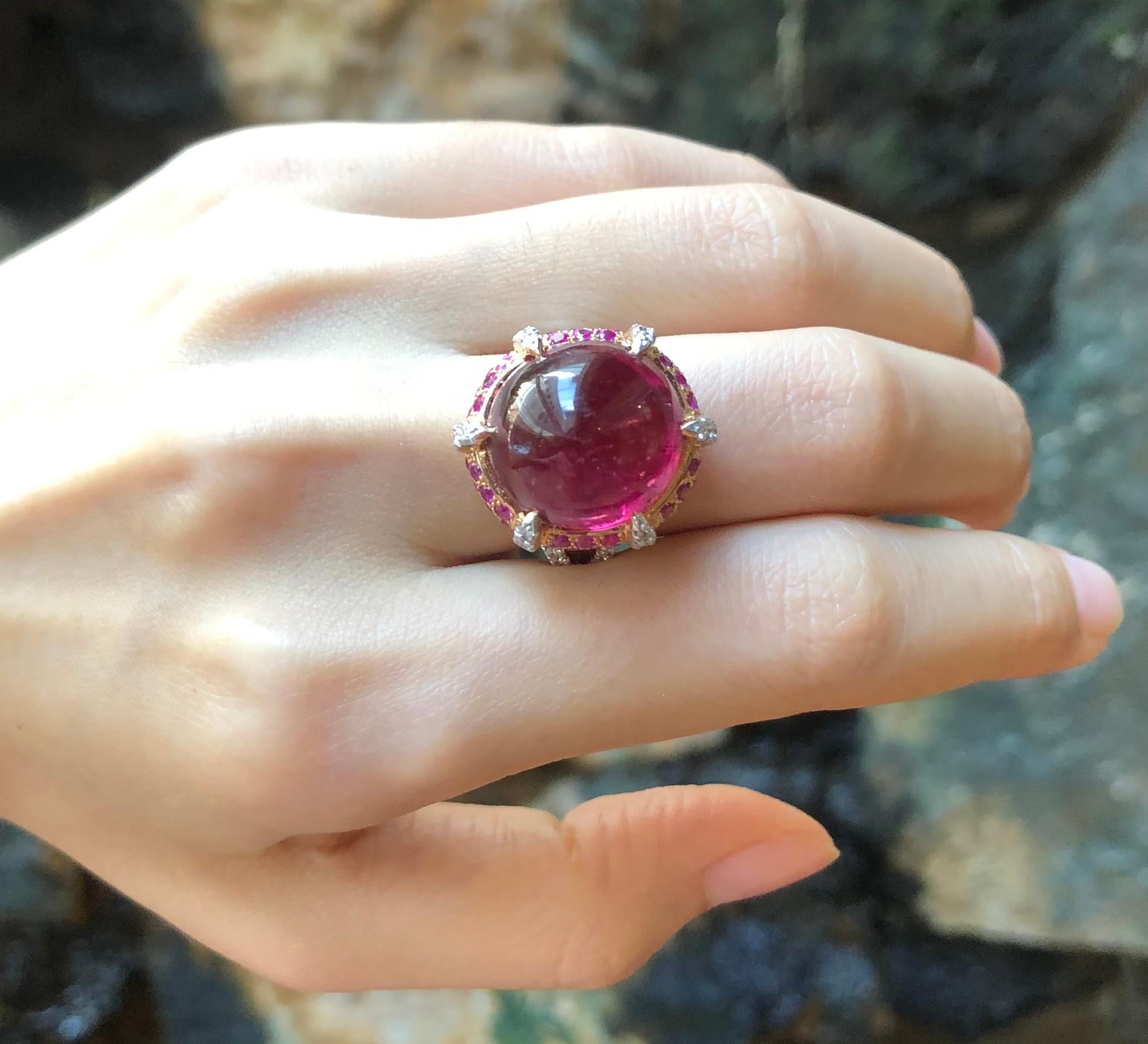 Cabochon Rubellite with Pink Sapphire and Diamond Ring in 18 Karat Rose Gold For Sale 1