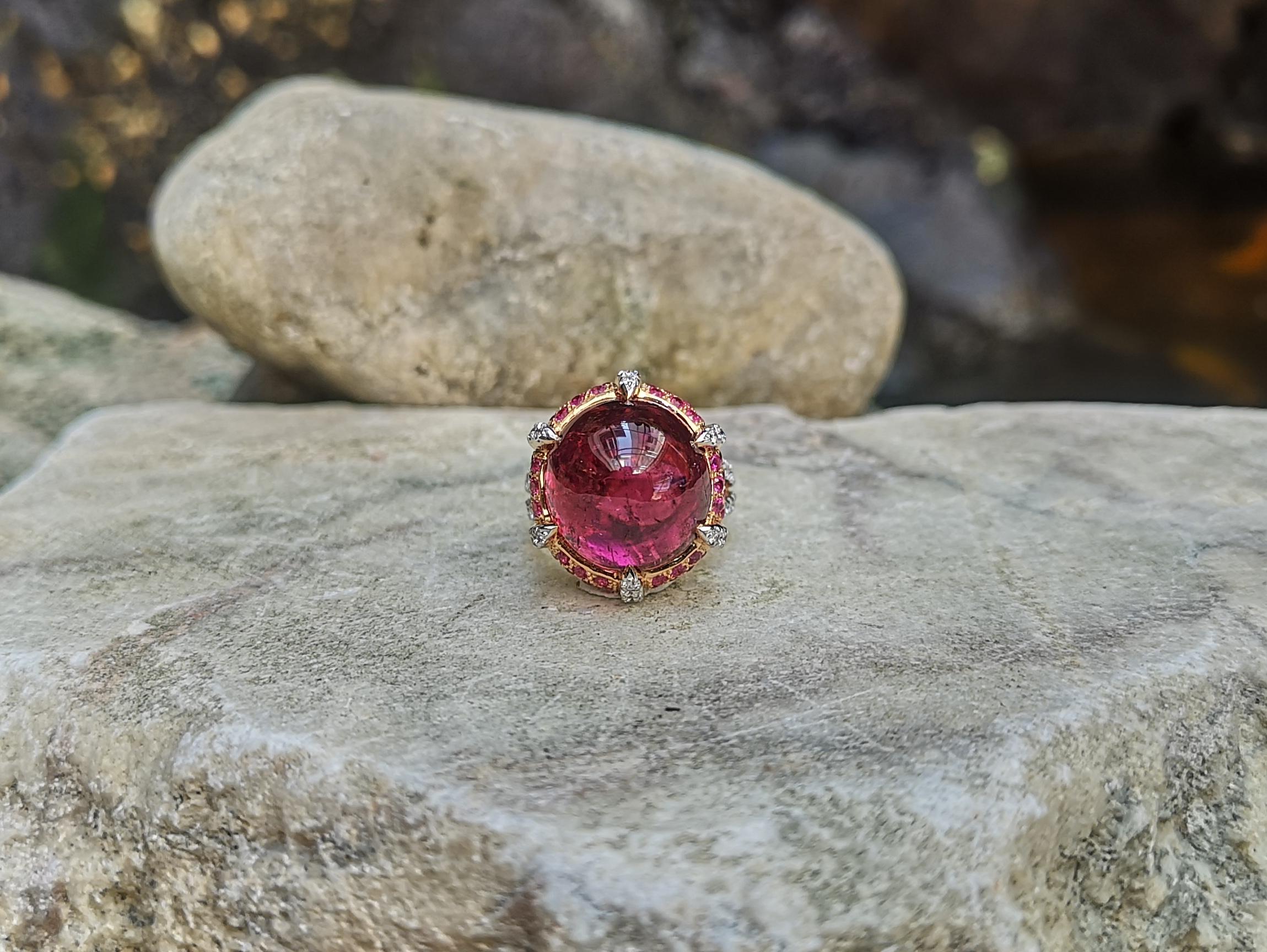 Cabochon Rubellite with Pink Sapphire and Diamond Ring in 18 Karat Rose Gold For Sale 2