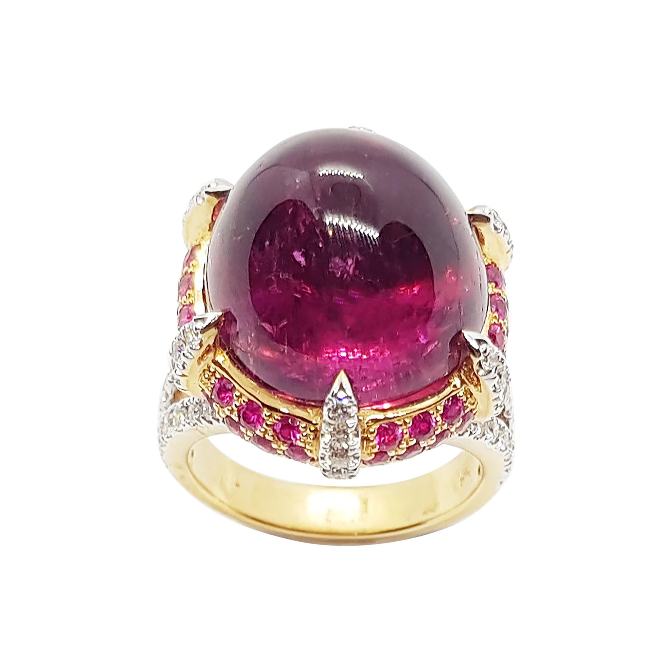 Cabochon Rubellite with Pink Sapphire and Diamond Ring in 18 Karat Rose Gold For Sale