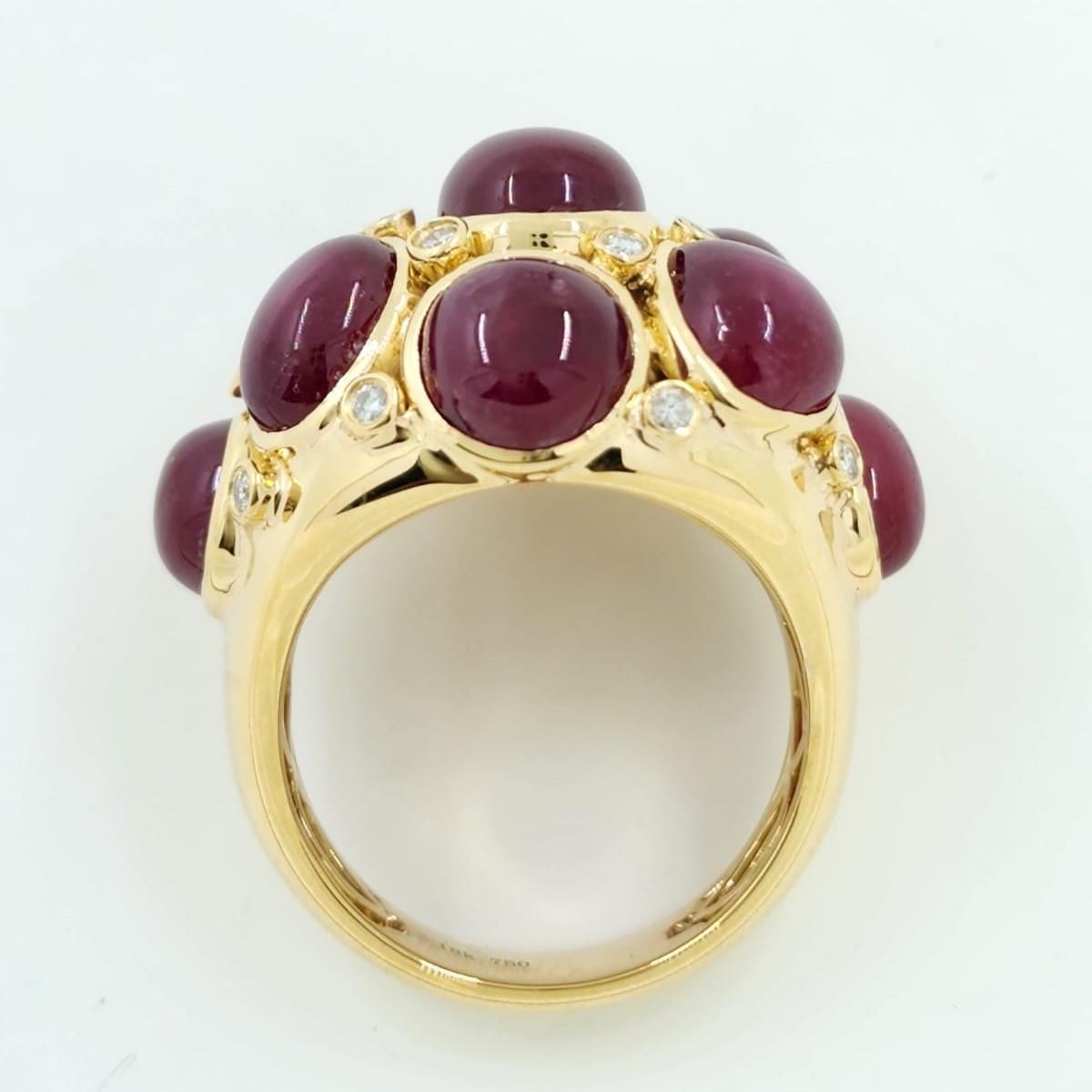 Oval Cut Cabochon Rubies Diamond Dome Ring in 18 Karat Yellow Gold For Sale