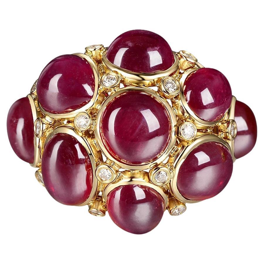 Cabochon Rubies Diamond Dome Ring in 18 Karat Yellow Gold For Sale
