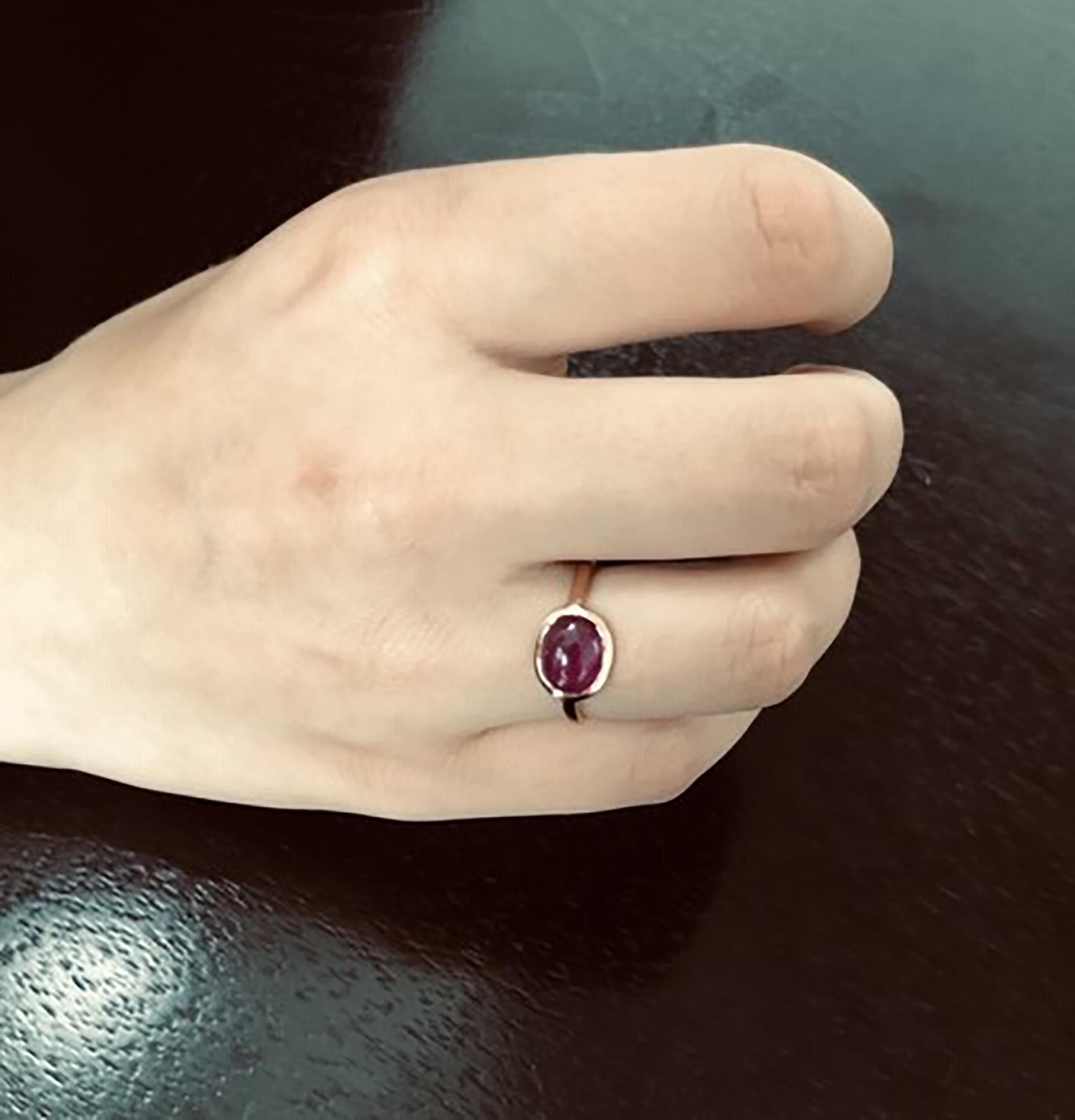 Eighteen karat rose gold ring
Cabochon Burma ruby weighing 3 carat                                                                       
Ring size 6 In Stock
Ring can be resized 
New Ring
Handmade in USA
Our design team select gemstones for their