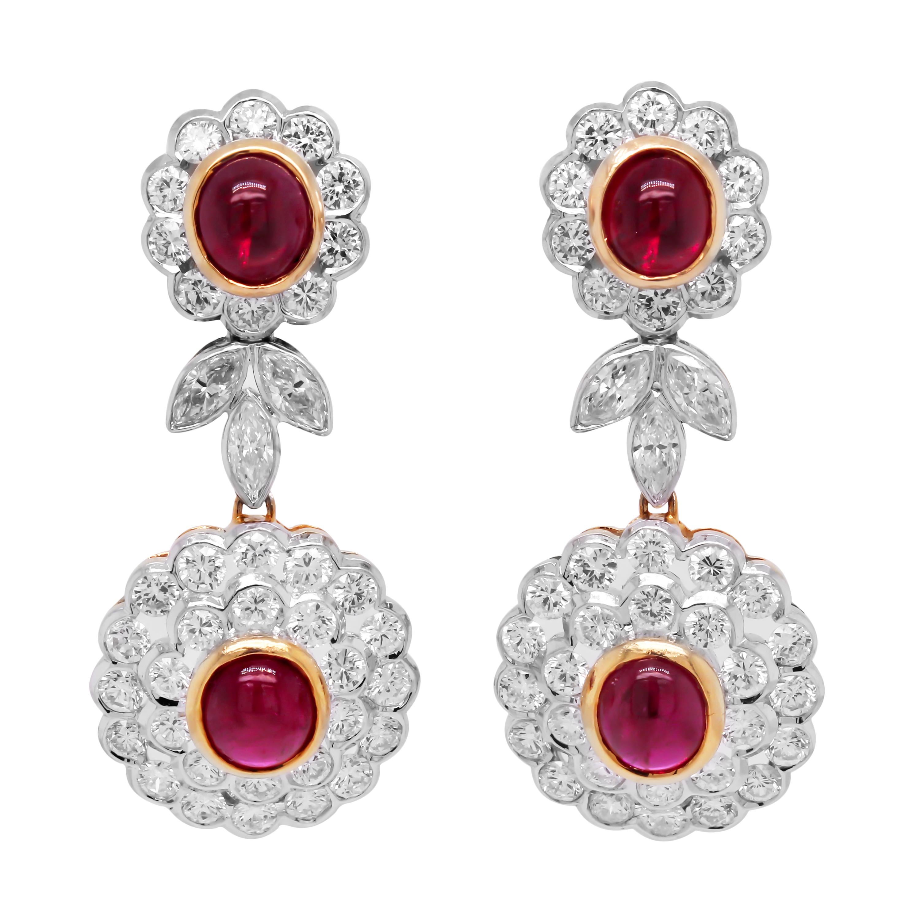Art Deco Cabochon Ruby and Diamond 18 Karat Gold Two-Tone Drop Dangle Earrings For Sale
