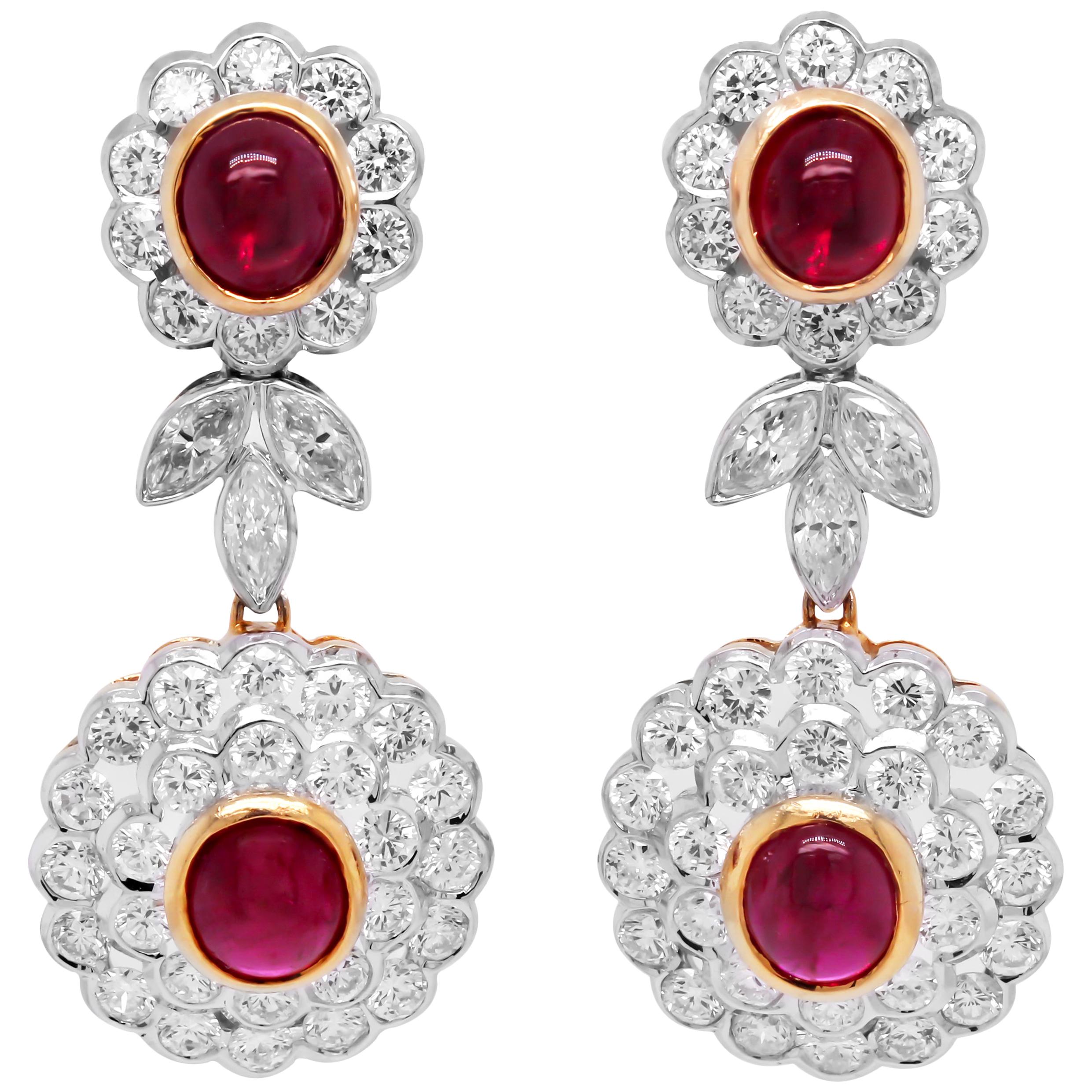 Cabochon Ruby and Diamond 18 Karat Gold Two-Tone Drop Dangle Earrings