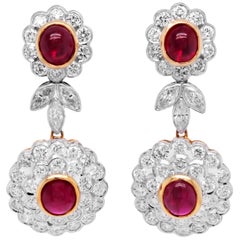 Cabochon Ruby and Diamond 18 Karat Gold Two-Tone Drop Dangle Earrings