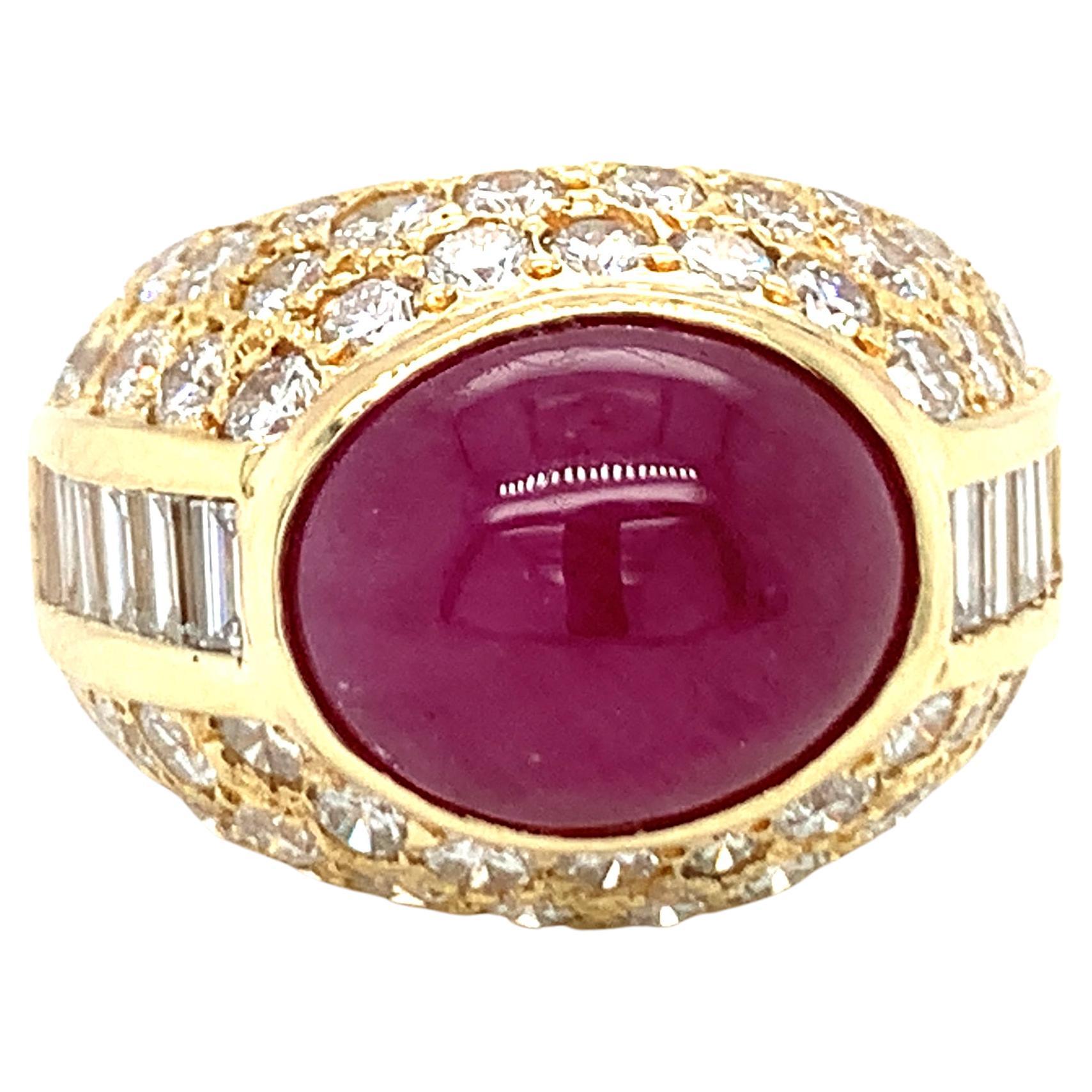 Cabochon Ruby and Diamond 18K Yellow Gold Ring For Sale
