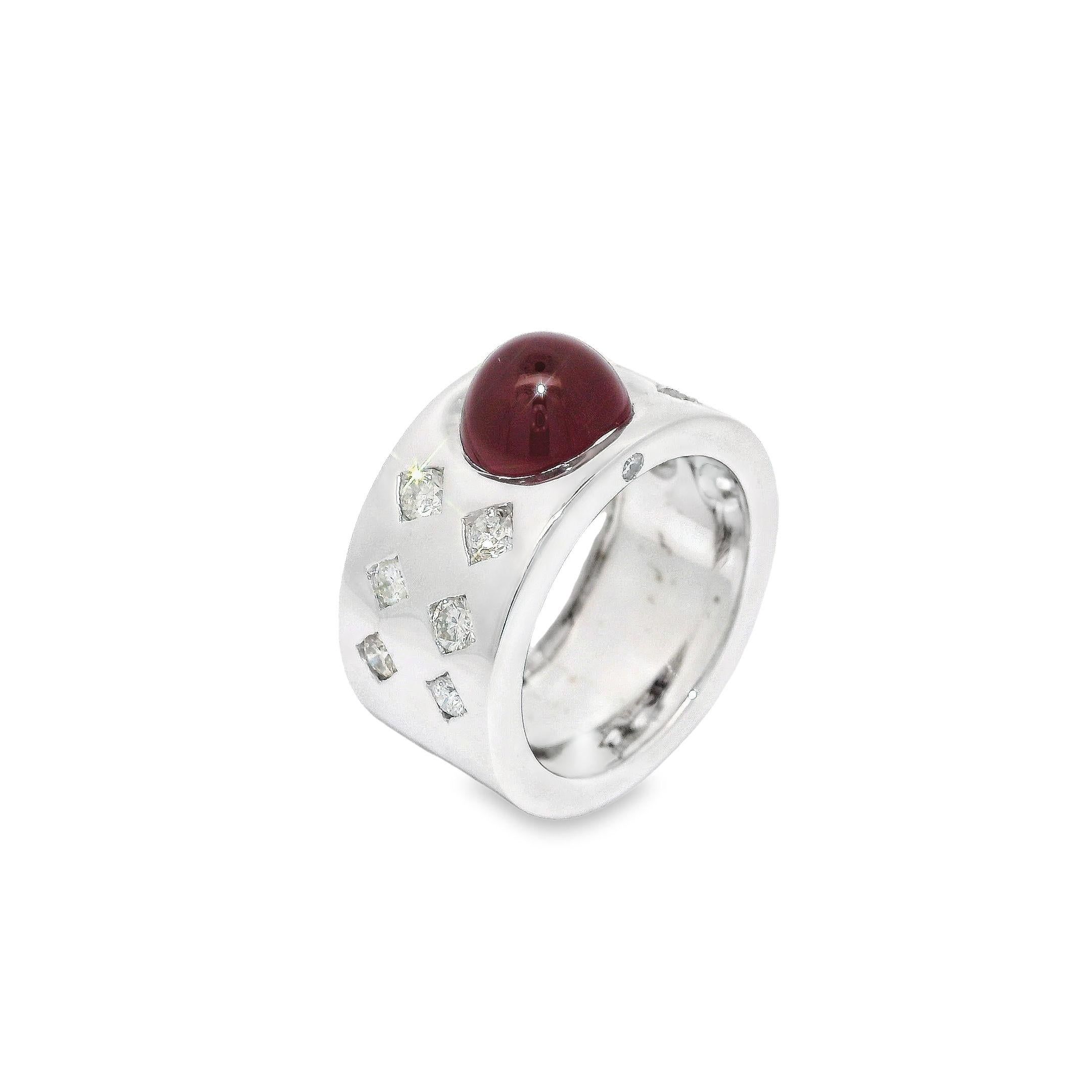 Contemporary Cabochon Ruby and Diamond Band Ring in 18K White Gold For Sale