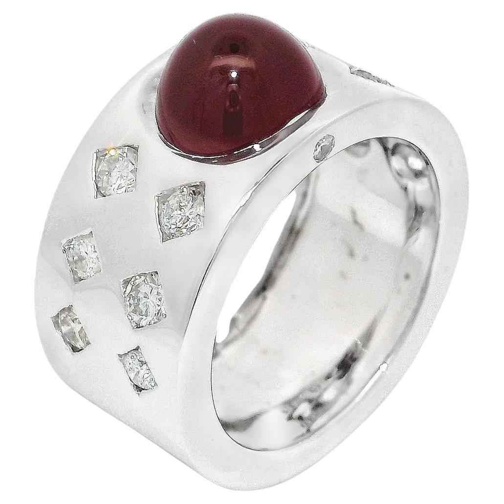Cabochon Ruby and Diamond Band Ring in 18K White Gold