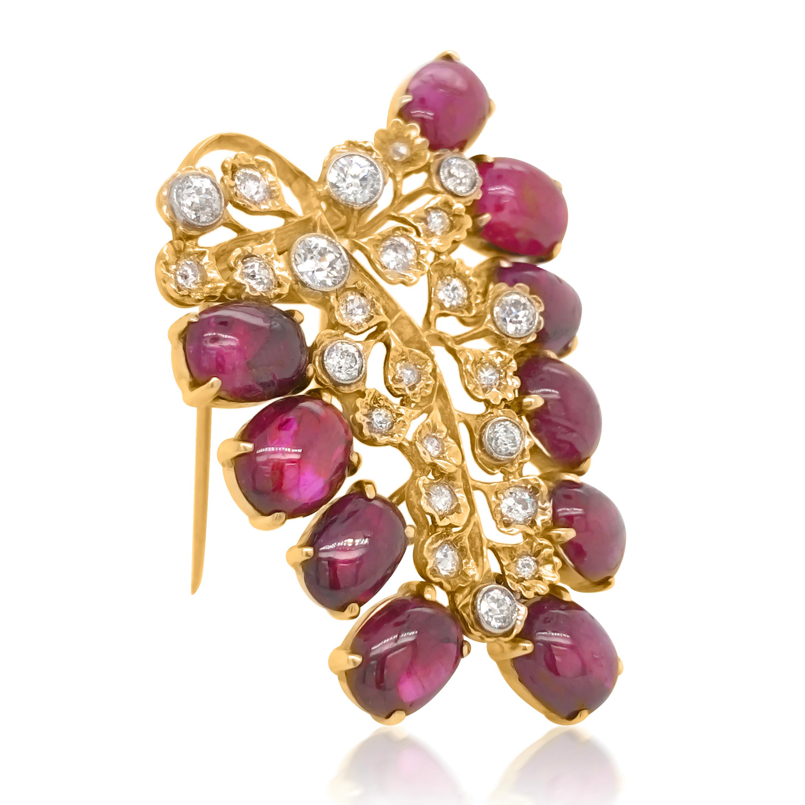 This impressive grape motif vintage brooch pin is adorned with 10 cabochon rubies approx: 25.6 carats total, enhanced with diamonds weighing approx. 18ct. This fabulous vintage ruby diamond brooch weighs 21.85 grams, measures 5.2*3.7cm. 

Ruby total