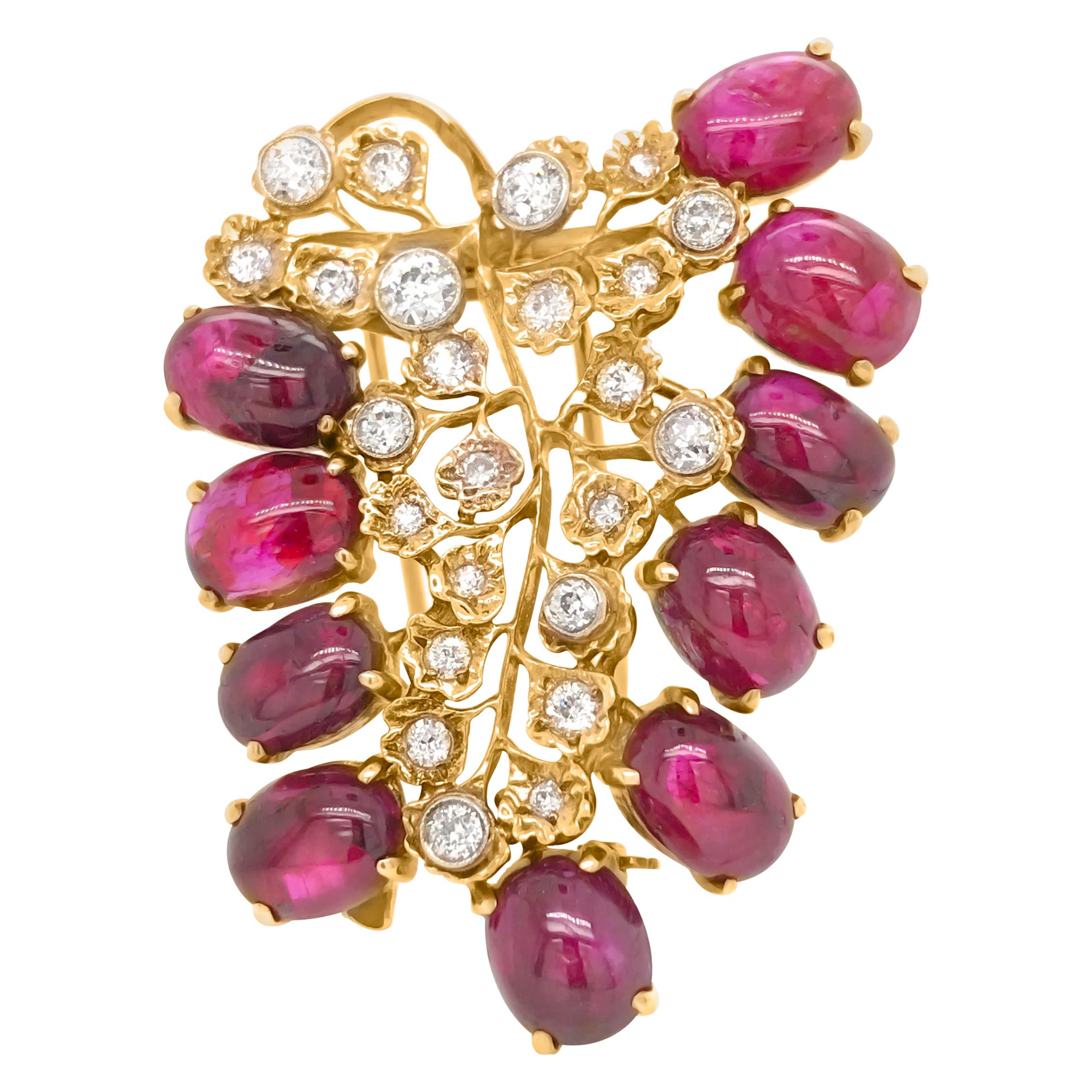 Cabochon Ruby and Diamond Brooch