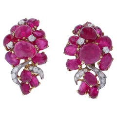 Cabochon Ruby and Diamond Clip Earrings Mounted by Cartier