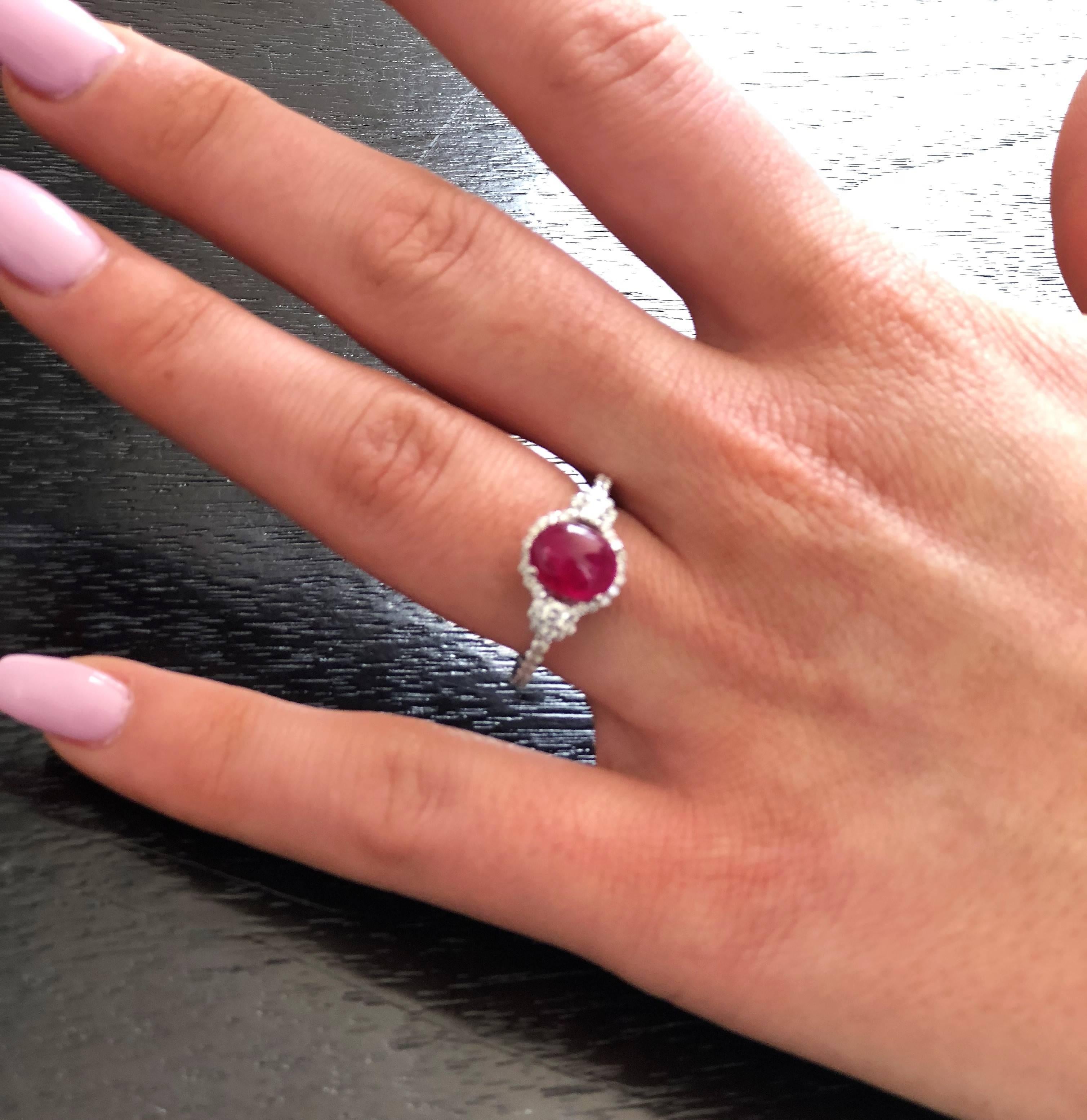 Cabochon Ruby and Diamond Cluster Ring Weighing 3.55 Carat  1