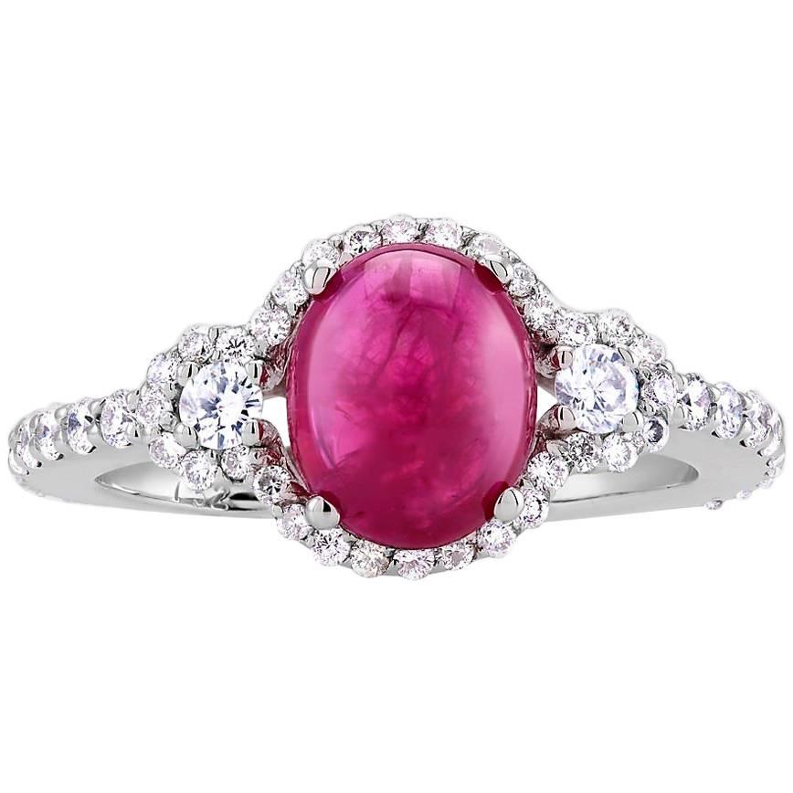 Cabochon Ruby and Diamond Cluster Ring Weighing 3.55 Carat 
