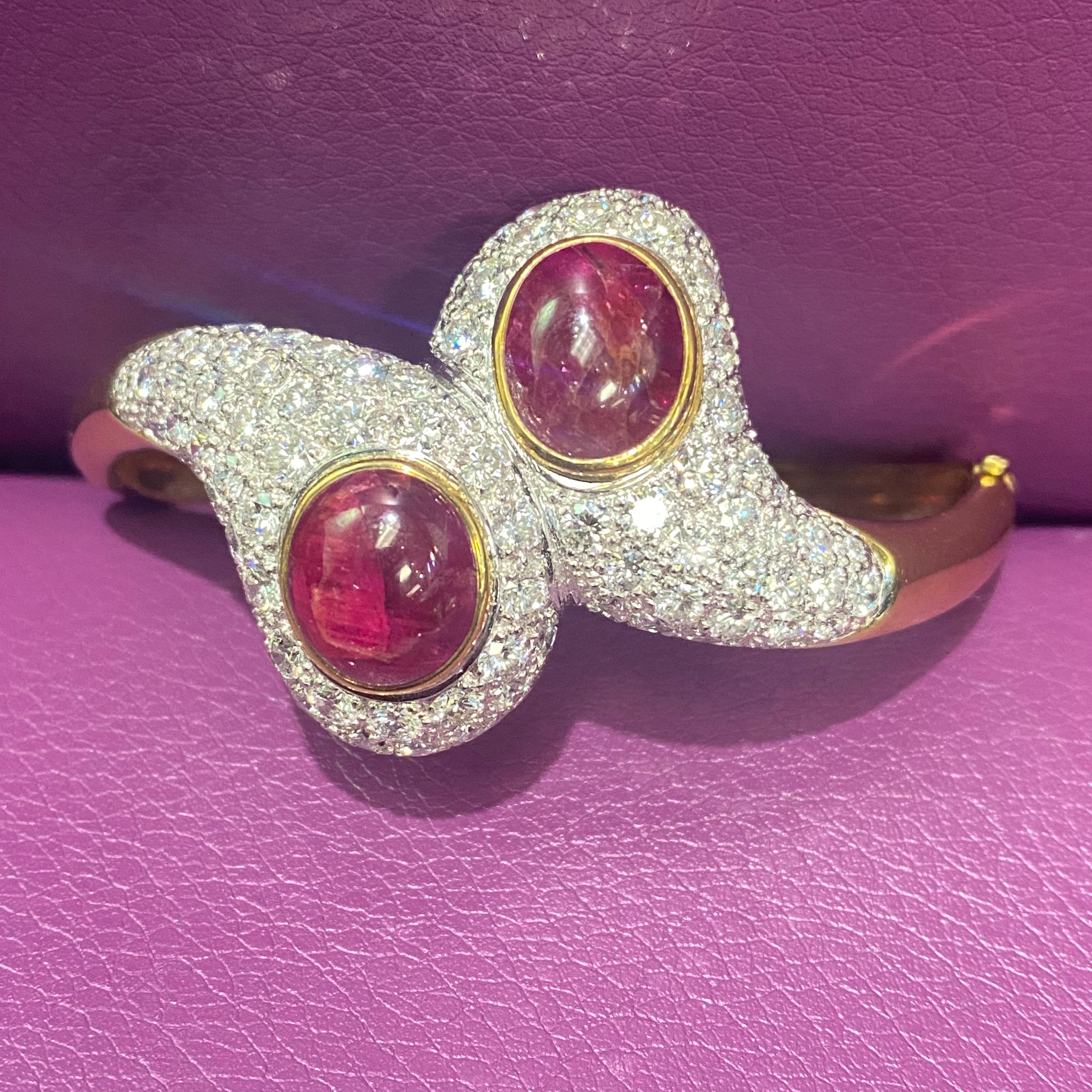 Cabochon Ruby and Diamond Crossover Bangle For Sale 6