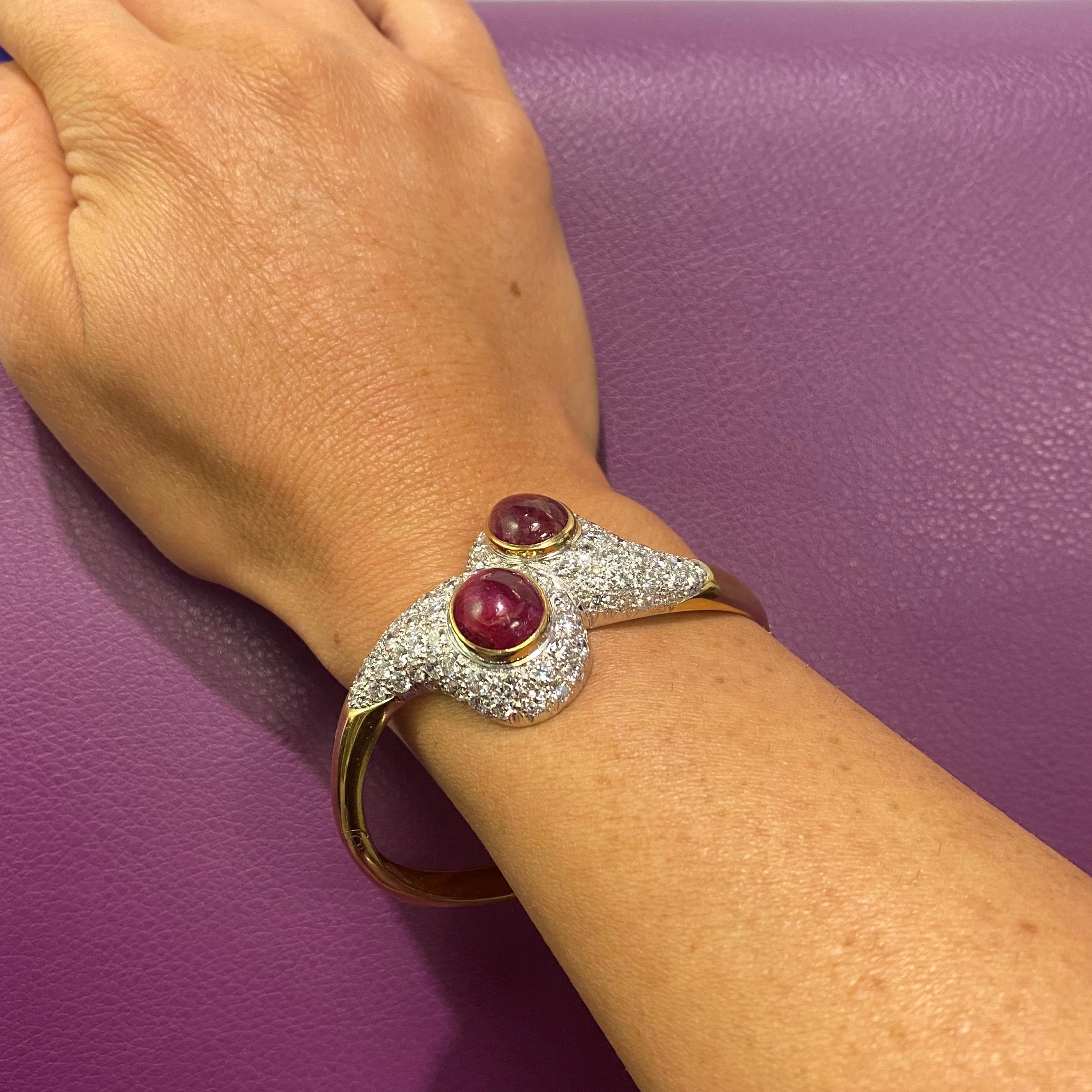 Cabochon Ruby and Diamond Crossover Bangle In Excellent Condition For Sale In New York, NY