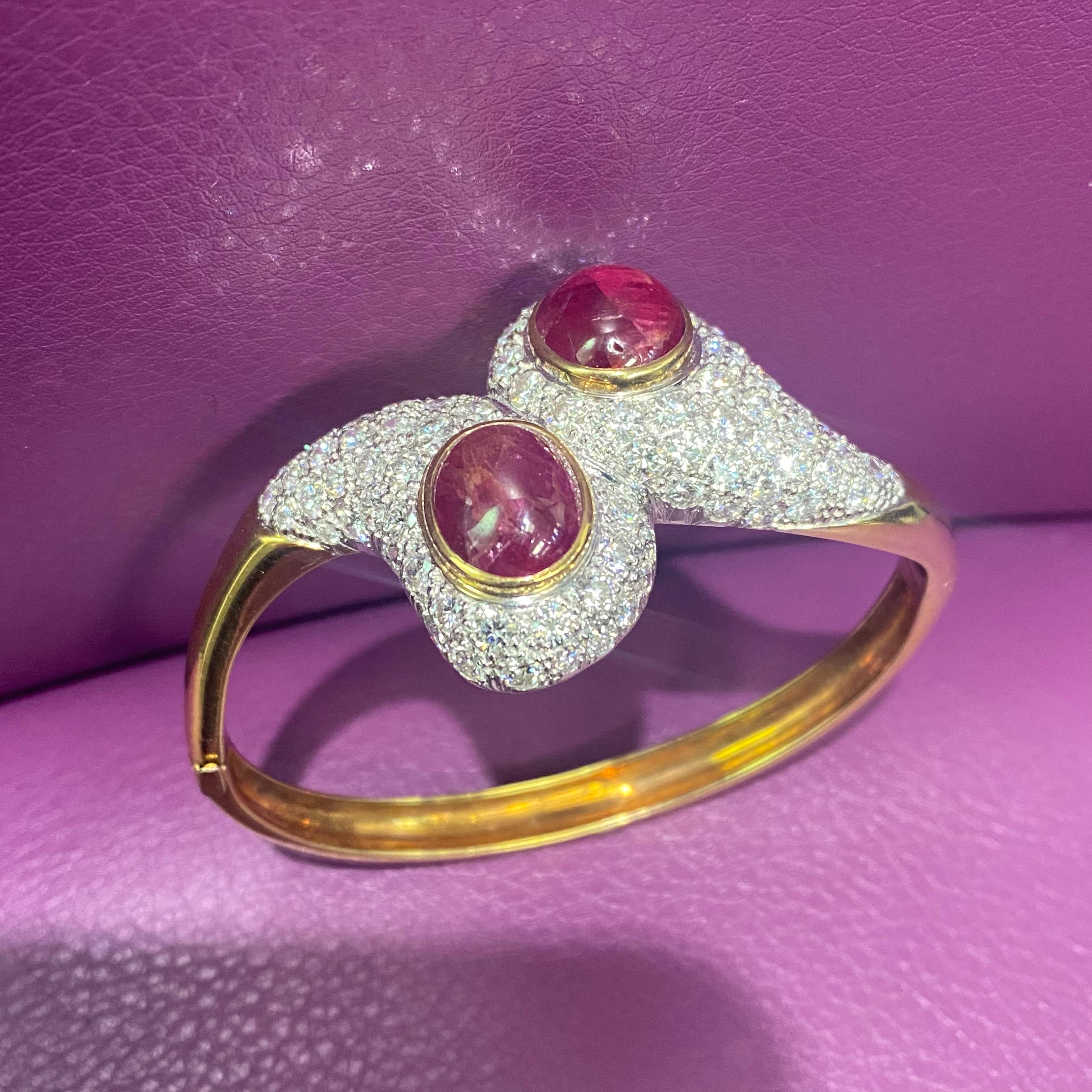 Cabochon Ruby and Diamond Crossover Bangle For Sale 2