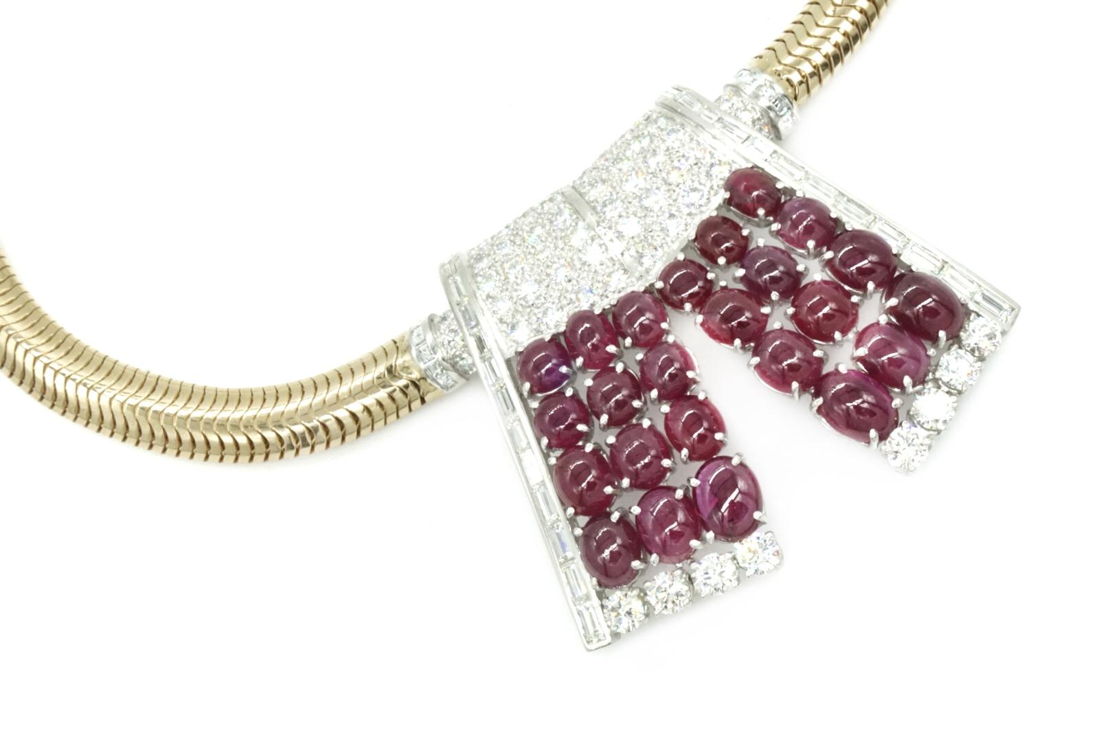 A stunning drop necklace with cabochon rubies and diamonds mounted in white and yellow gold. Made in the US, circa 1970