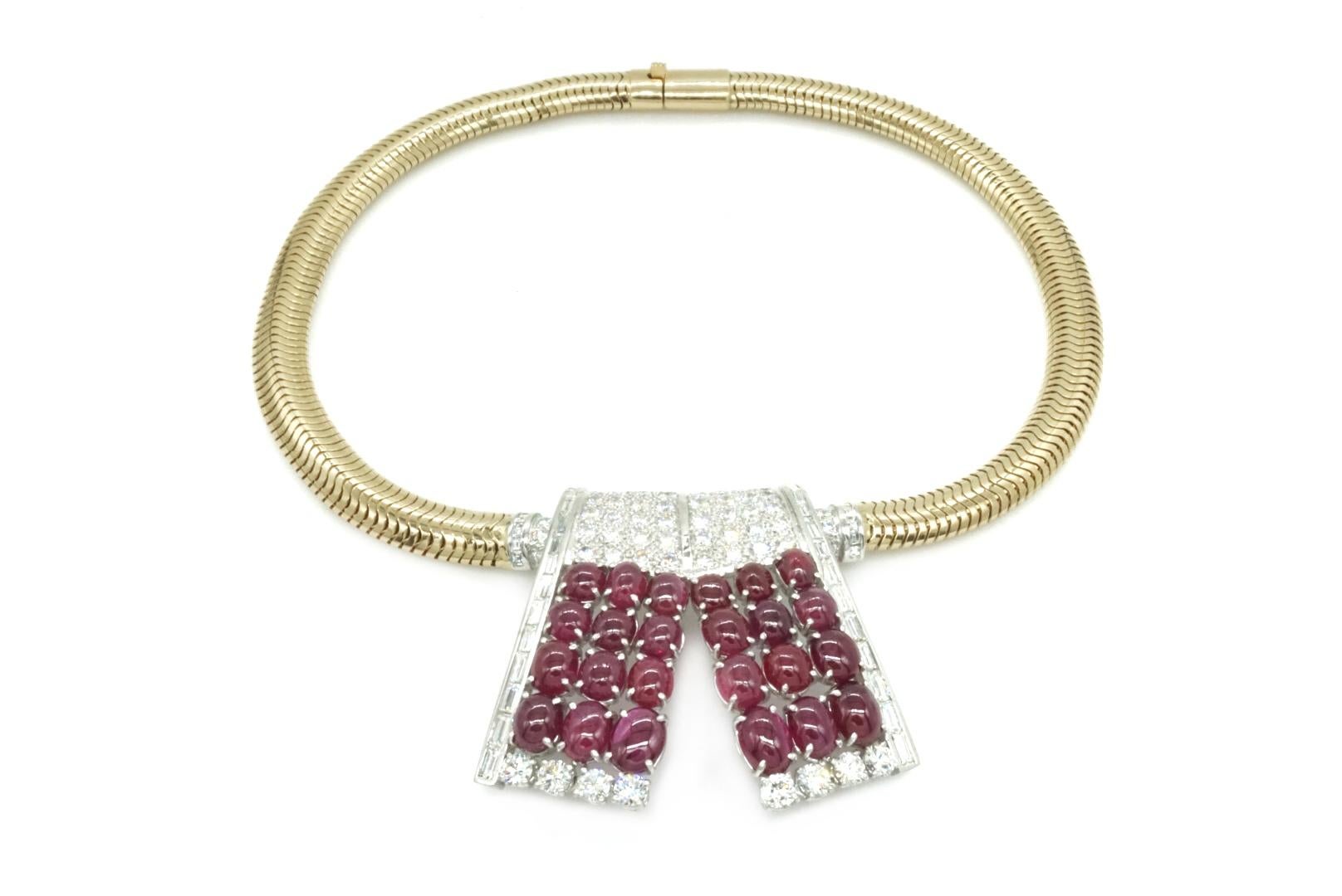 Cabochon Ruby and Diamond Drop Necklace In Excellent Condition For Sale In New York, NY