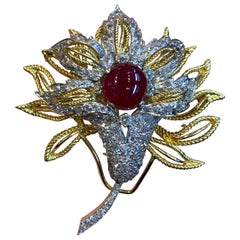 Cabochon Ruby and Diamond Flower Brooch