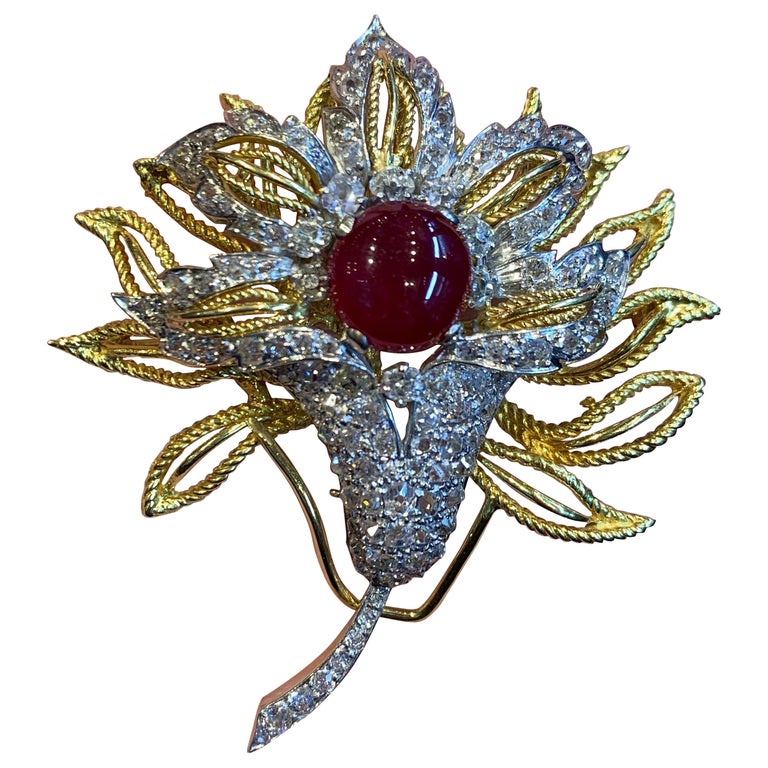 Cabochon Ruby and Diamond Flower Brooch For Sale