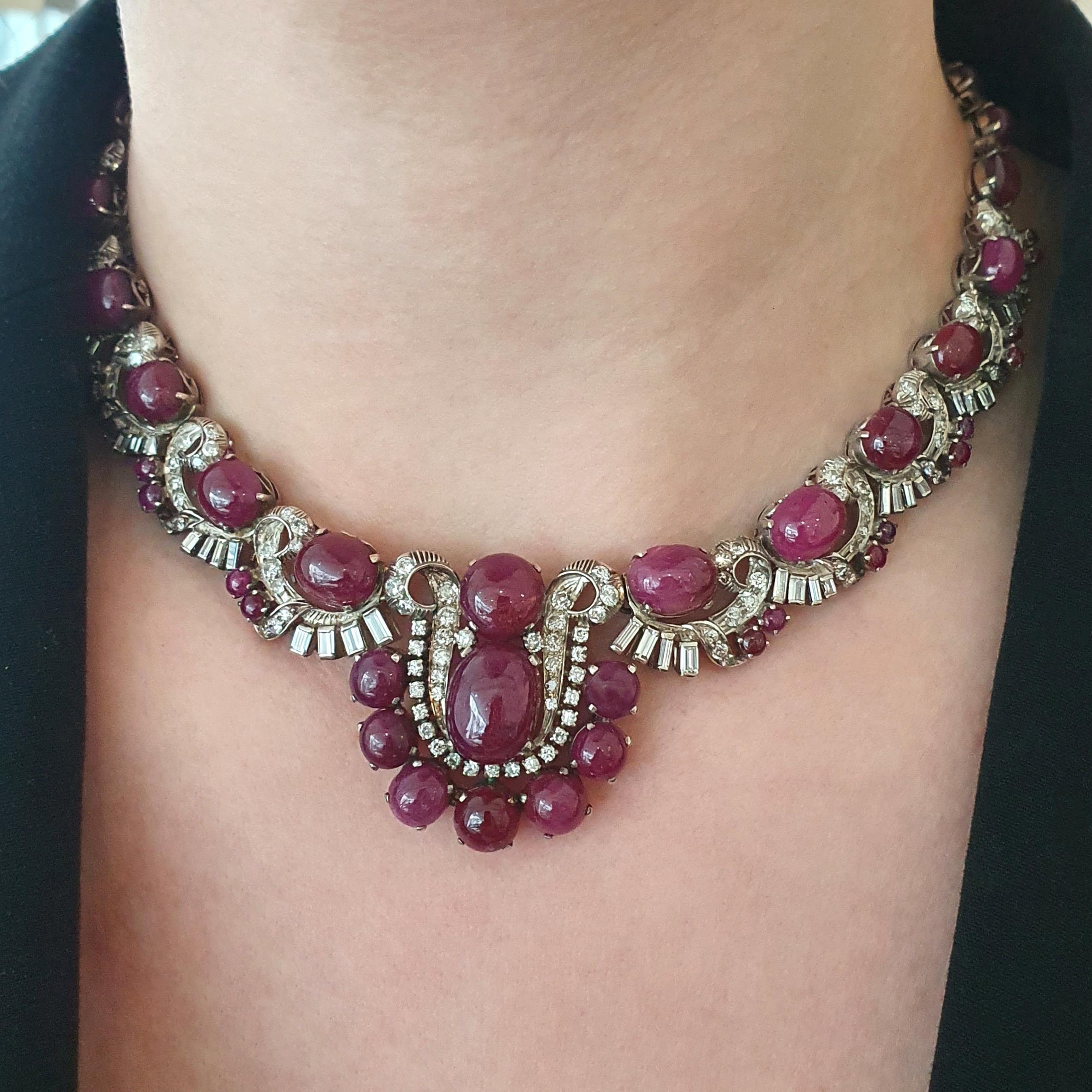 Women's or Men's Cabochon Ruby and Diamond Necklace