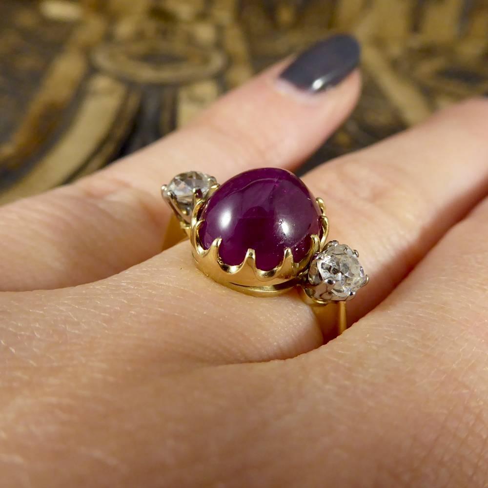 Cabochon Ruby and Diamond Three-Stone 18 Carat Yellow Gold Ring 1