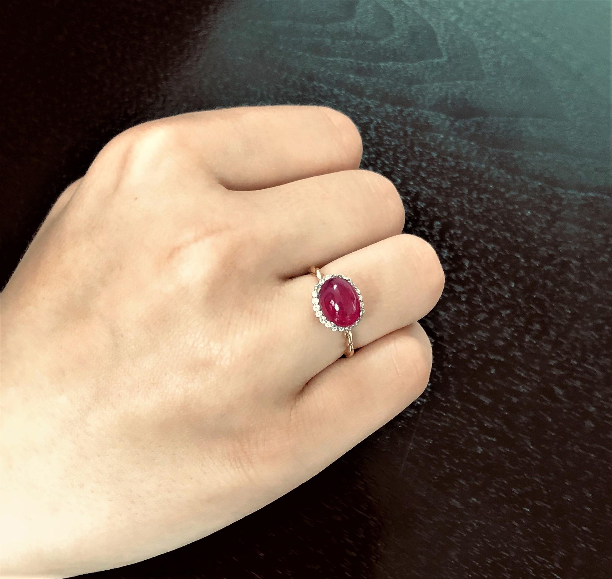 Oval Cut Cabochon Ruby and Diamond White and Rose Gold Cocktail Ring