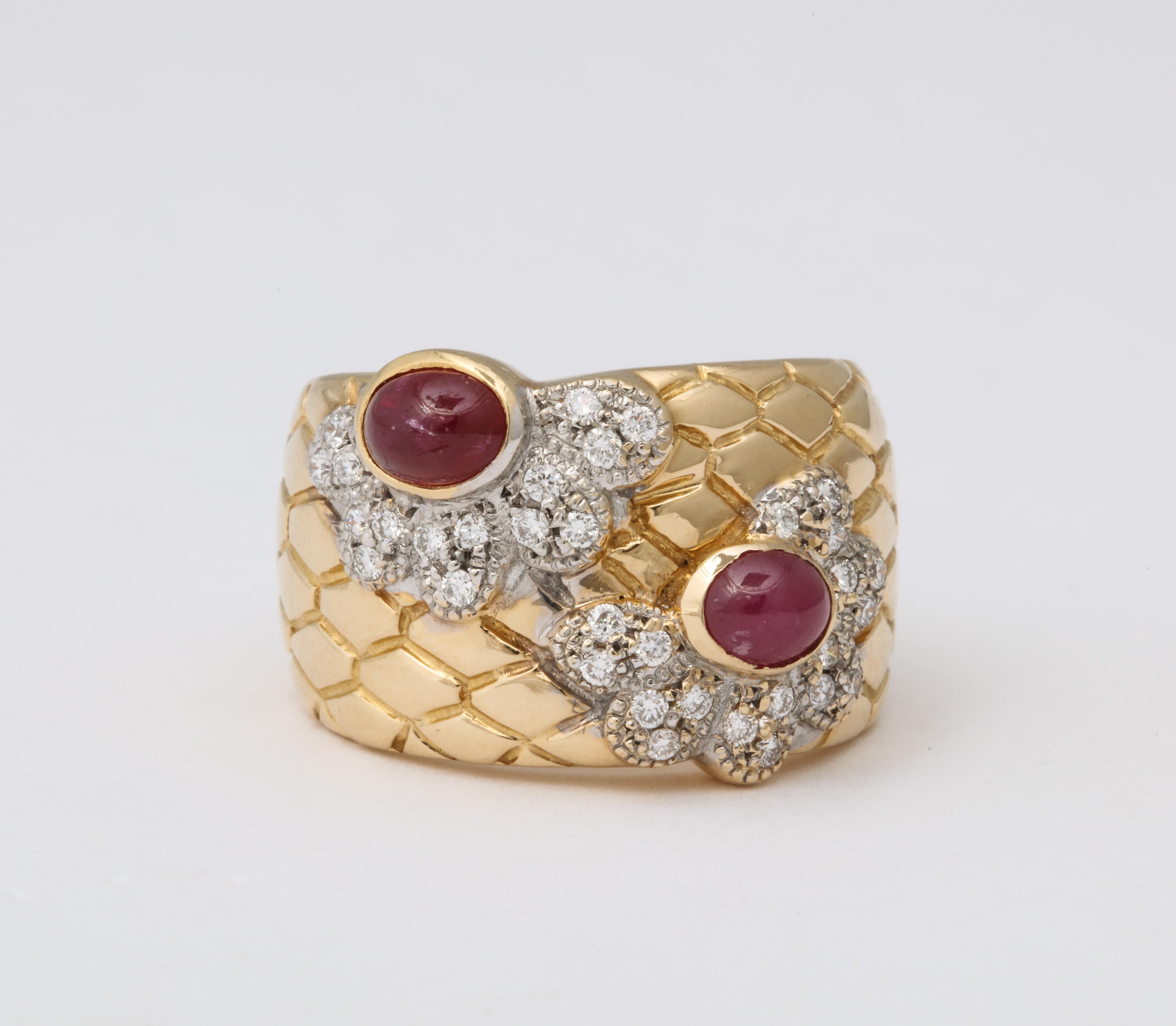 Oval Cut Cabochon Ruby and Diamond Yellow Gold Band For Sale