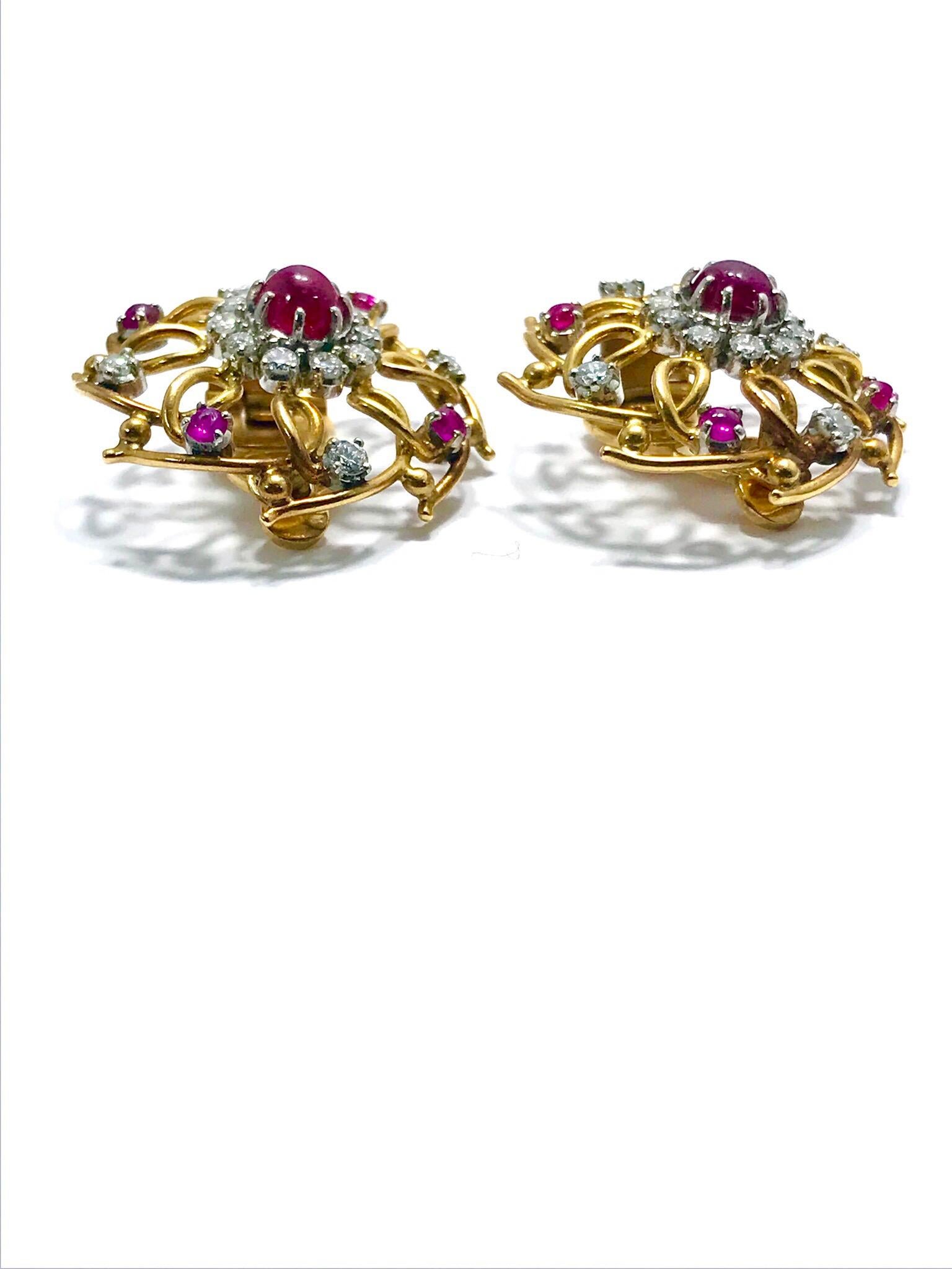 Cabochon Ruby and Diamond Yellow Gold Clip Earrings In Excellent Condition In Chevy Chase, MD
