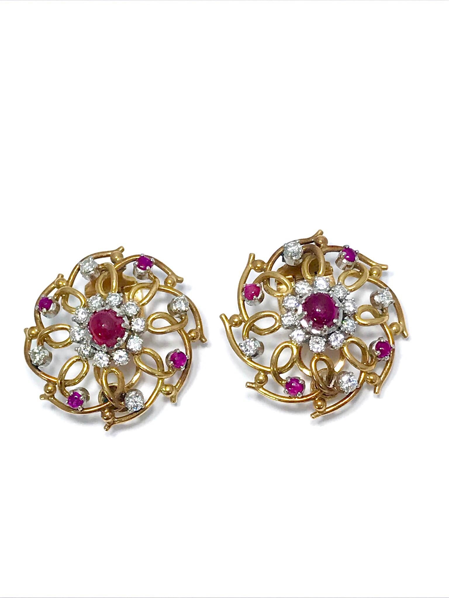 Women's or Men's Cabochon Ruby and Diamond Yellow Gold Clip Earrings