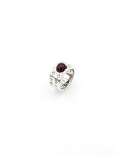 Cabochon Ruby and Diamonds in Tilted Squares 18 Karat White Gold Wide Band Ring