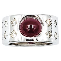 Cabochon Ruby and Diamonds in Tilted Squares 18 Karat White Gold Wide Band Ring