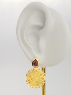 Cabochon Ruby and Gold Coin Earrings set in 18K Gold Settings